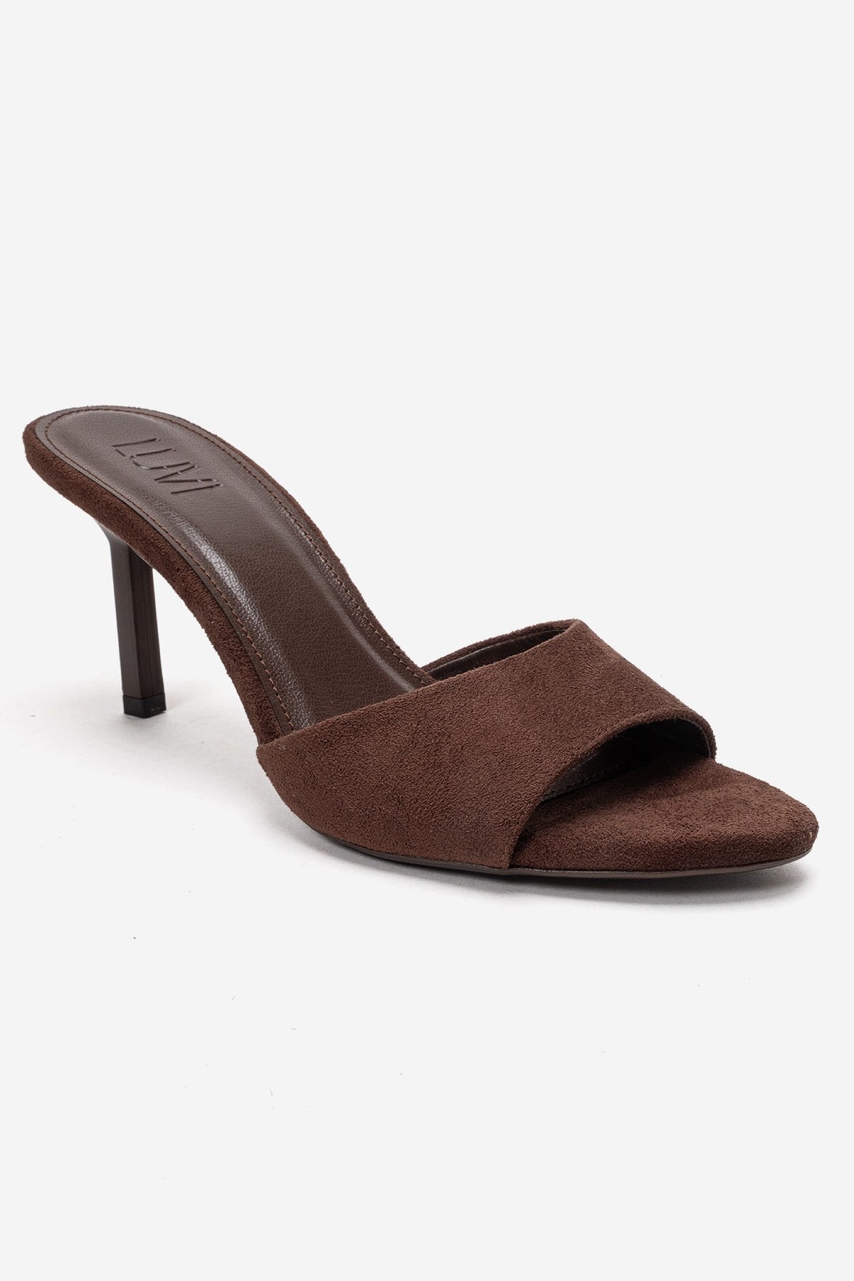 Varelan - Brown Suede Heeled Mule – detail view showing leather, suede, Vowalisse