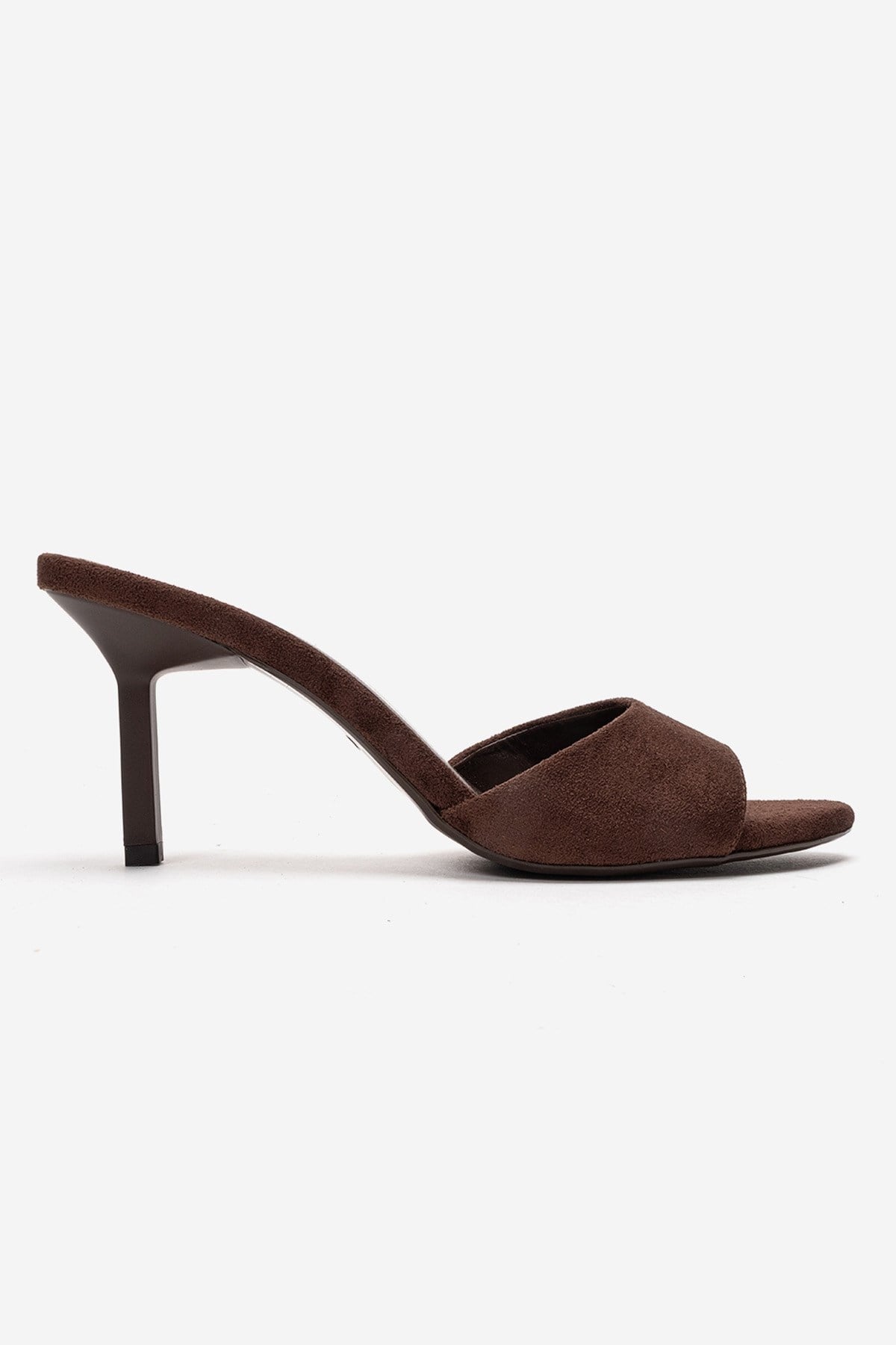 Varelan - Brown Suede Heeled Mule – heel view showing leather, suede, Vowalisse