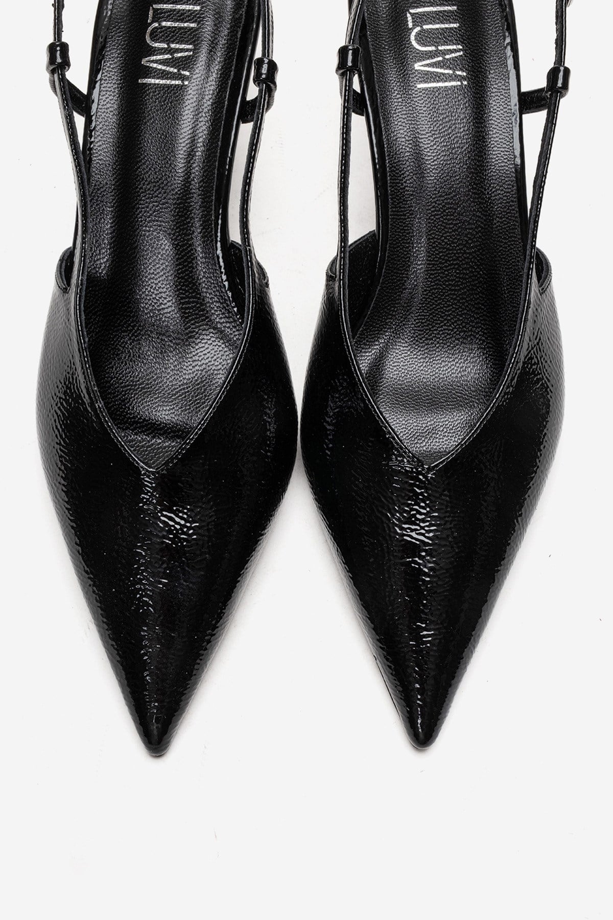 Irena - Black Patent Backless Pointed Toe Stiletto Pump, Genuine Leath – side view showing leather, black, Vowalisse