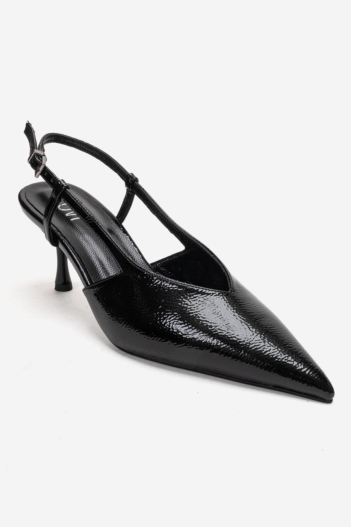 Irena - Black Patent Backless Pointed Toe Stiletto Pump, Genuine Leath – detail view showing leather, black, Vowalisse