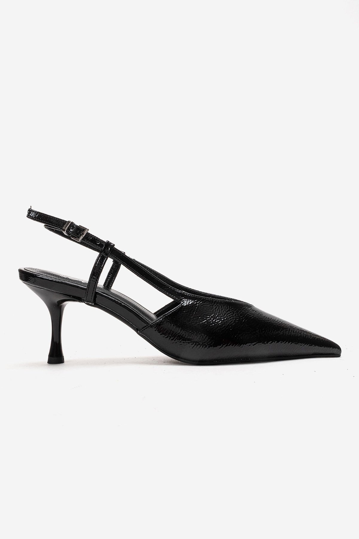 Irena - Black Patent Backless Pointed Toe Stiletto Pump, Genuine Leath – heel view showing leather, black, Vowalisse