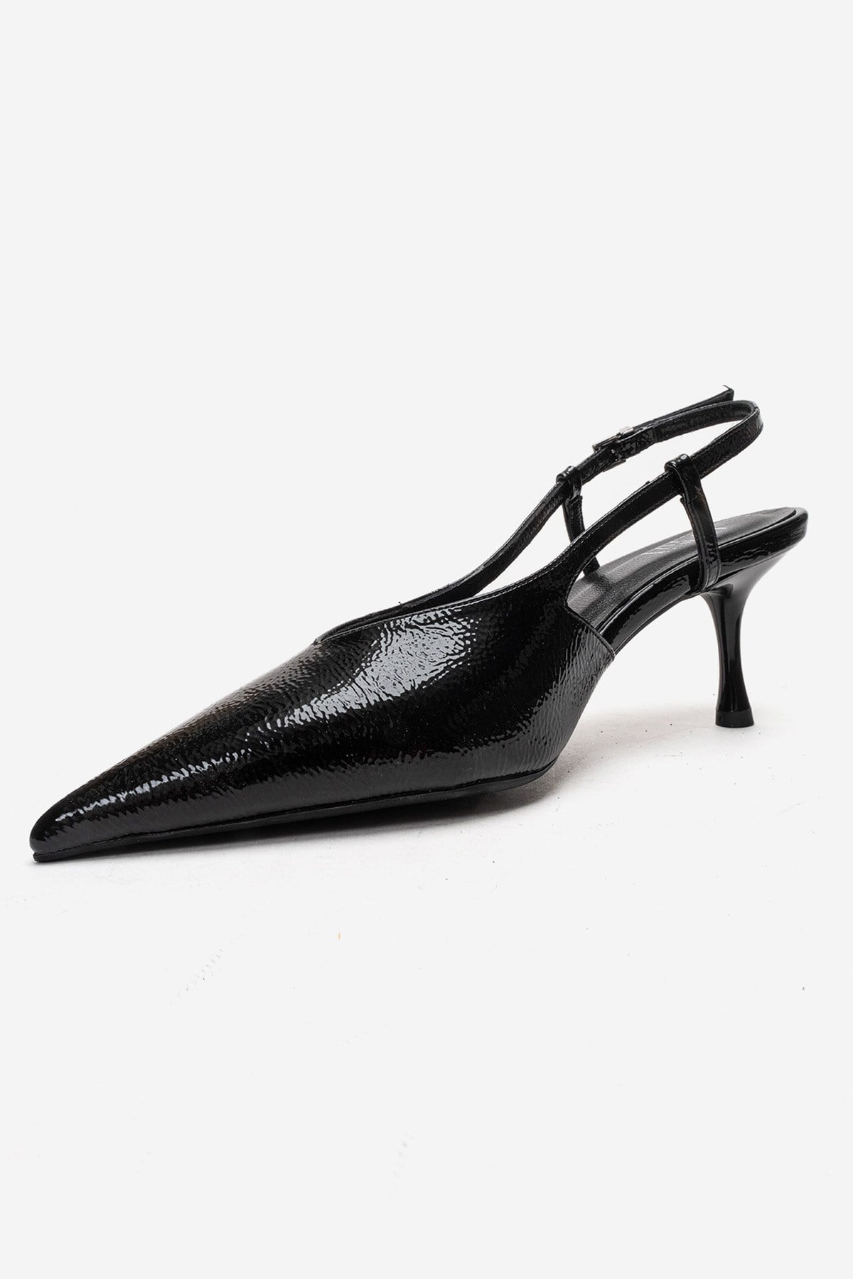 Irena - Black Patent Backless Pointed Toe Stiletto Pump, Genuine Leath – top view showing leather, black, Vowalisse