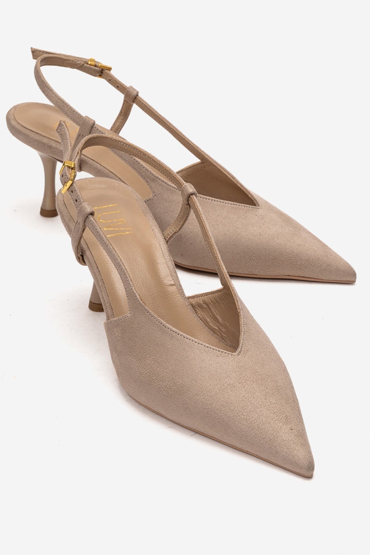 Irena - Beige Suede Backless Pointed Toe Stiletto Pump, Genuine Leathe – front three-quarter view showing leather, suede…