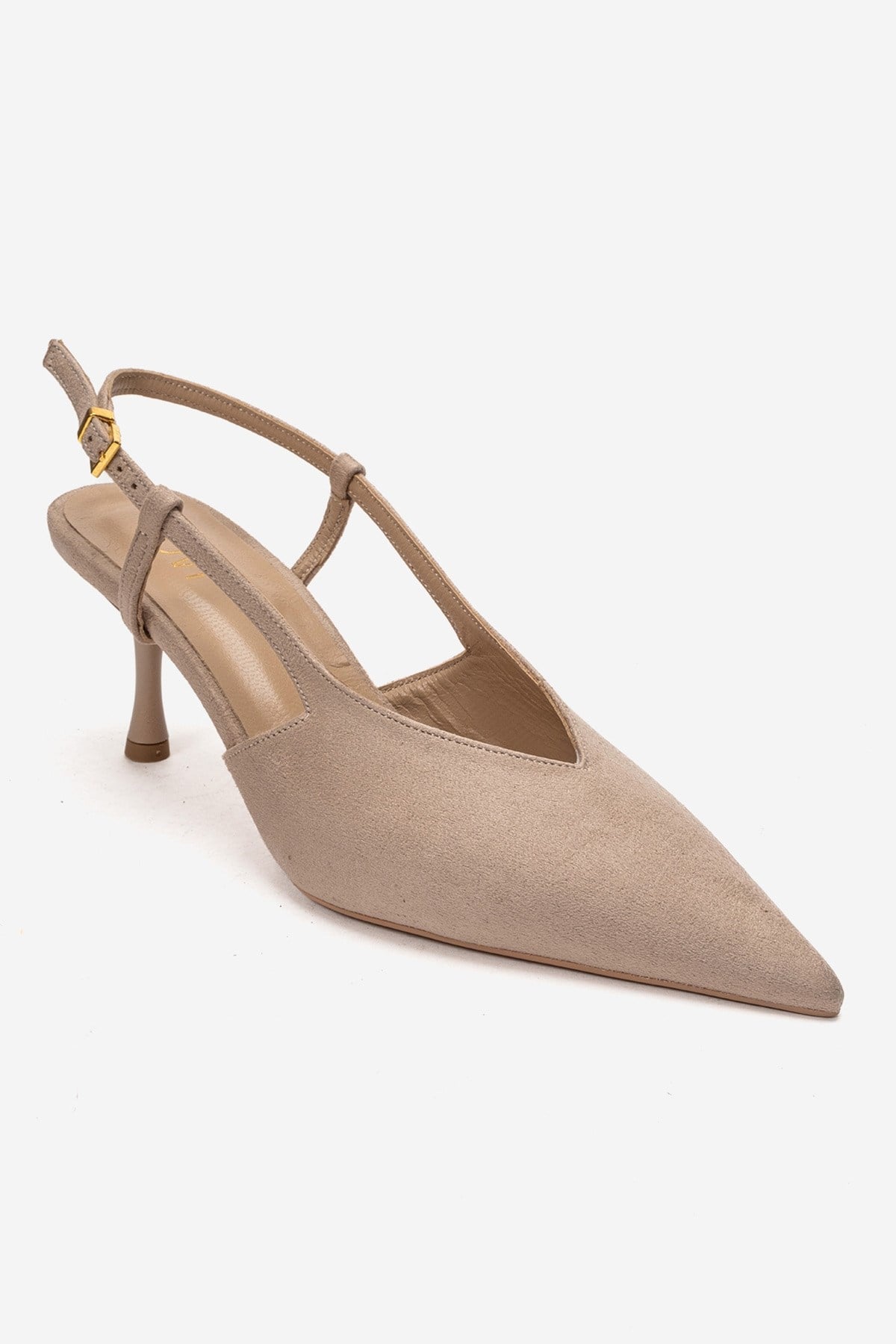 Irena - Beige Suede Backless Pointed Toe Stiletto Pump, Genuine Leathe – detail view showing leather, suede, Vowalisse