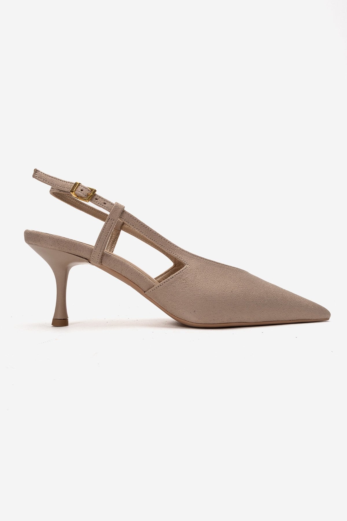 Irena - Beige Suede Backless Pointed Toe Stiletto Pump, Genuine Leathe – heel view showing leather, suede, Vowalisse