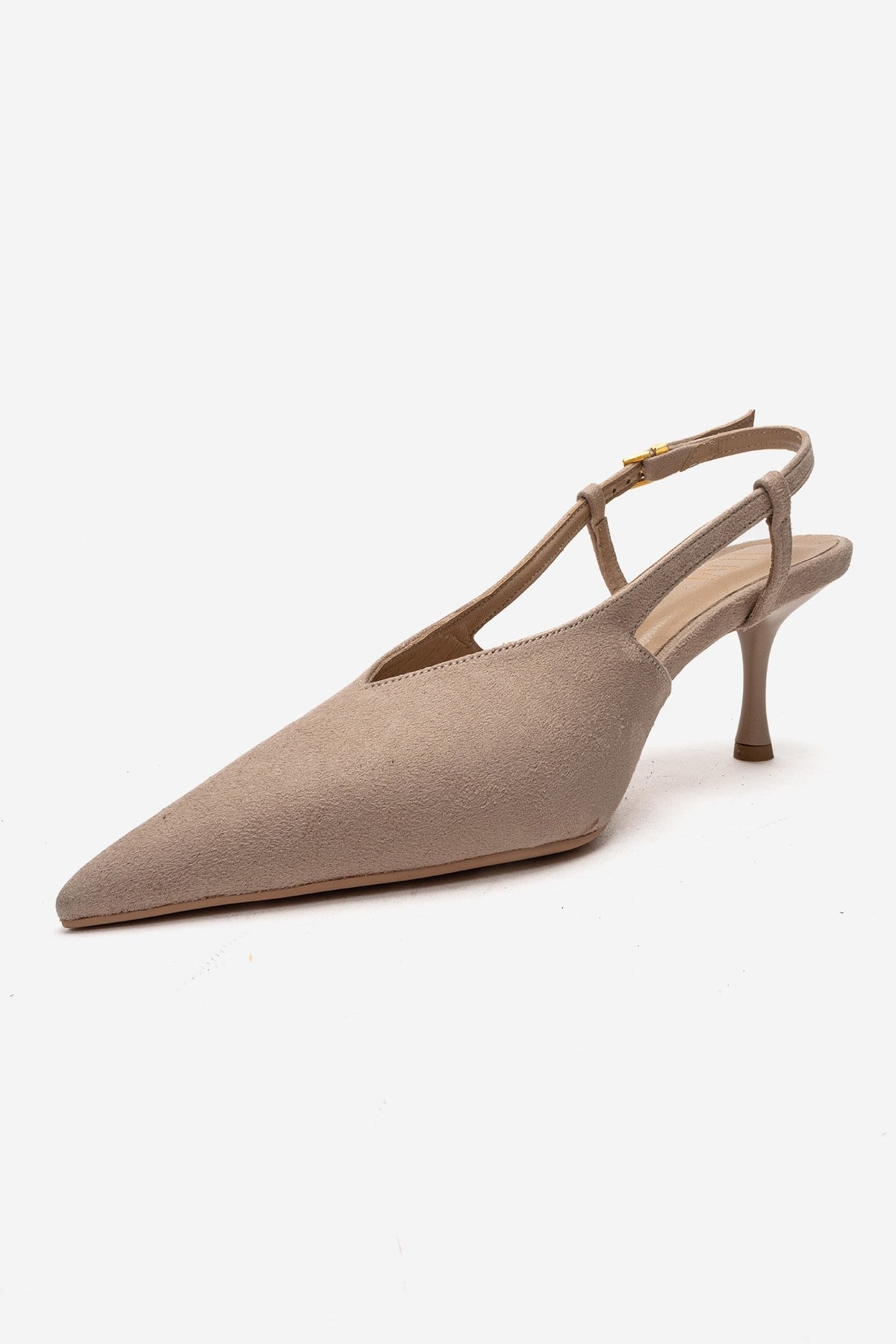 Irena - Beige Suede Backless Pointed Toe Stiletto Pump, Genuine Leathe – top view showing leather, suede, Vowalisse