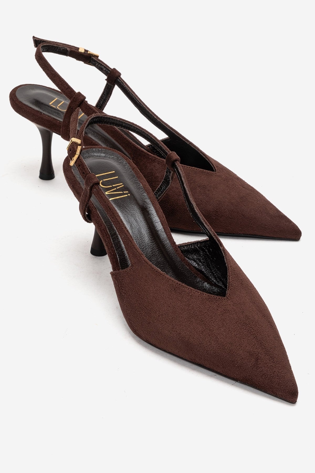 Irena - Brown Genuine Leather Pointed Slingback Stiletto Pump – front three-quarter view showing leather, suede, Vowalisse