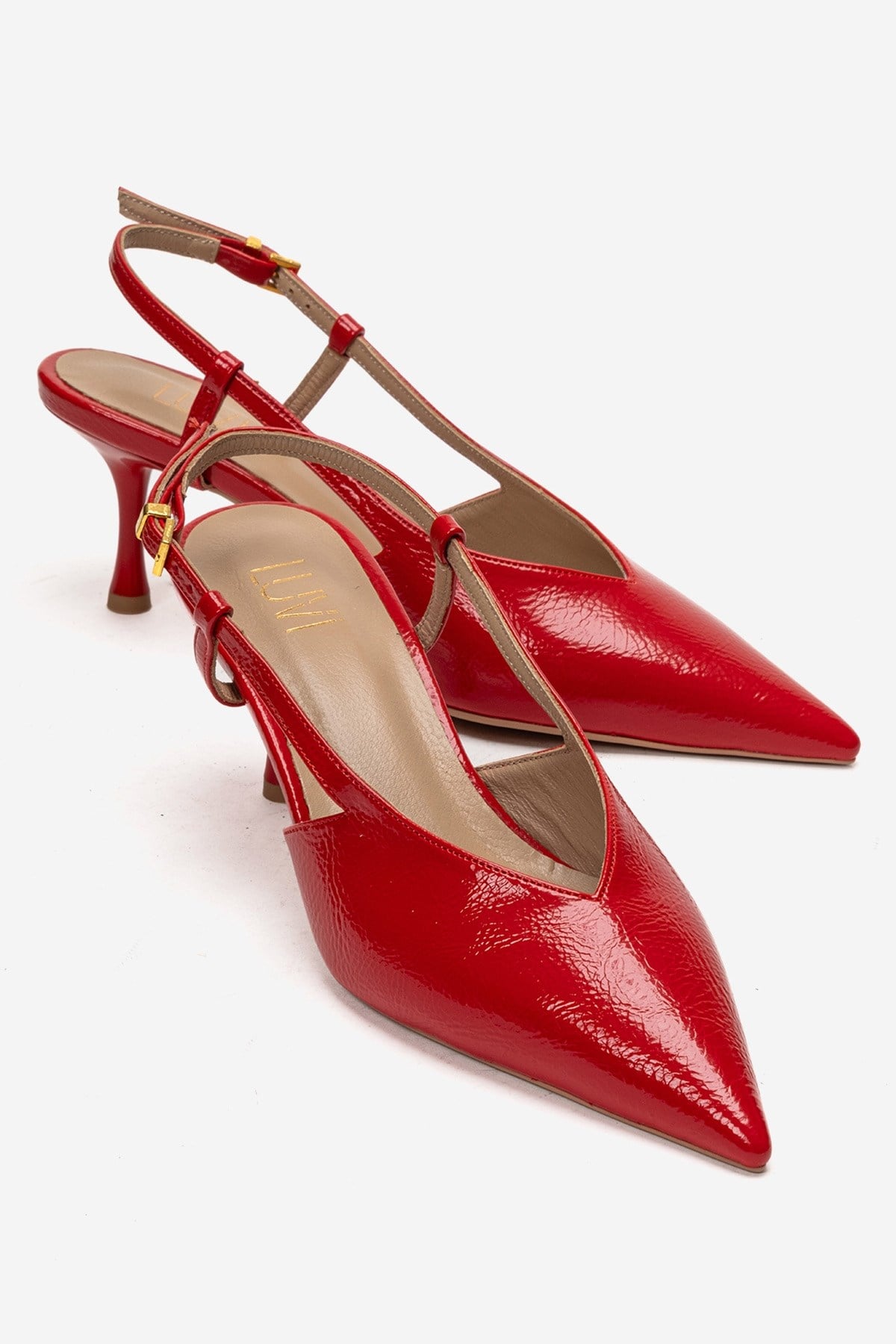 Irena - Red Genuine Leather Pointed Slingback Stiletto Pump – front three-quarter view showing leather, red, Vowalisse
