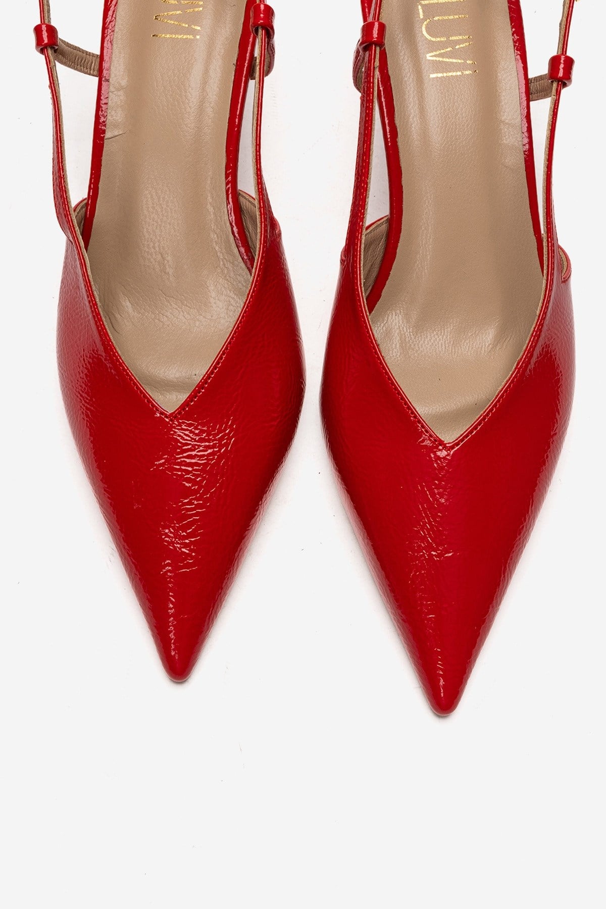 Irena - Red Genuine Leather Pointed Slingback Stiletto Pump – side view showing leather, red, Vowalisse