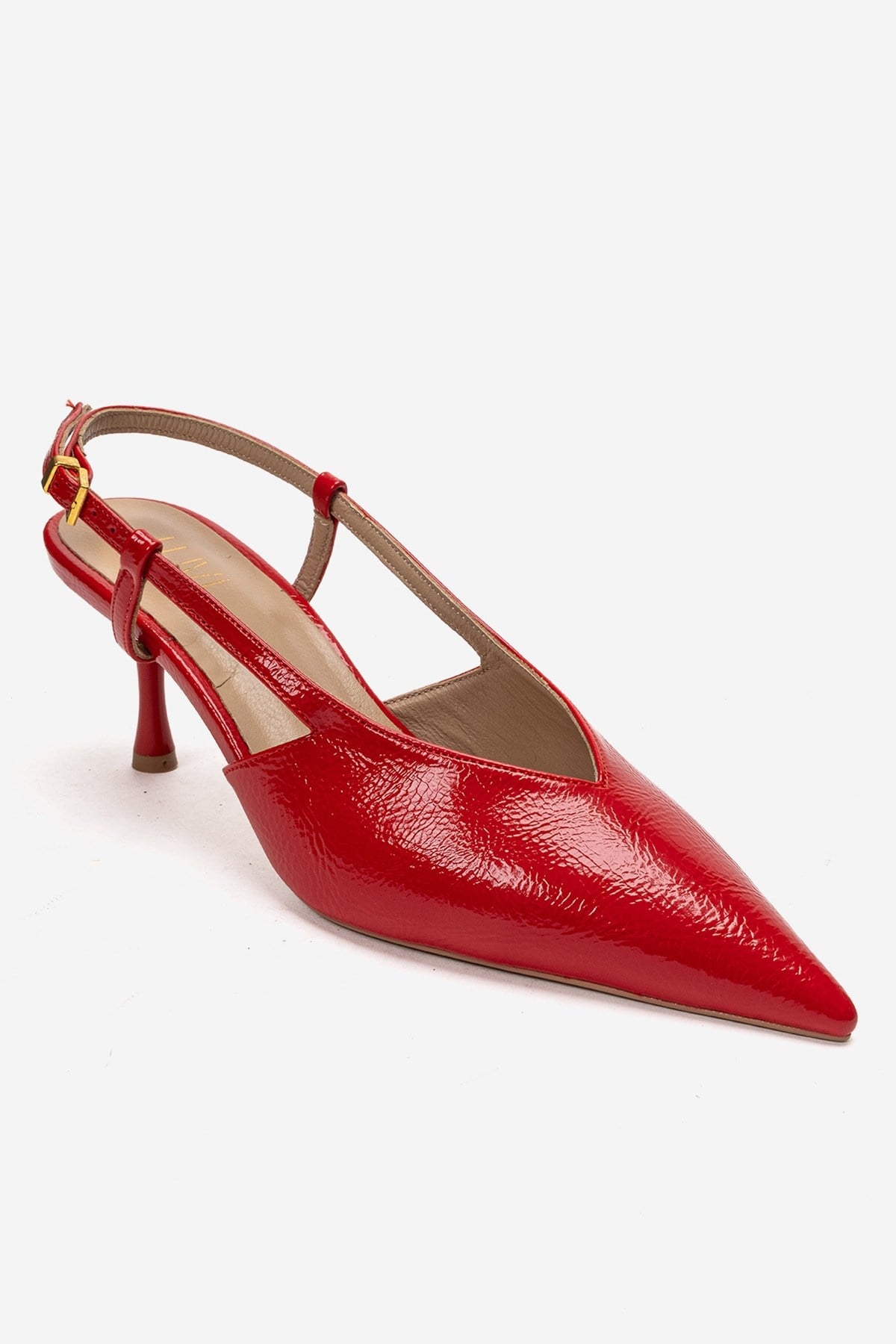 Irena - Red Genuine Leather Pointed Slingback Stiletto Pump – detail view showing leather, red, Vowalisse