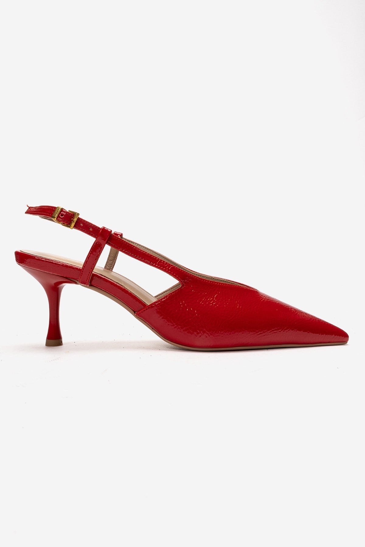 Irena - Red Genuine Leather Pointed Slingback Stiletto Pump – heel view showing leather, red, Vowalisse