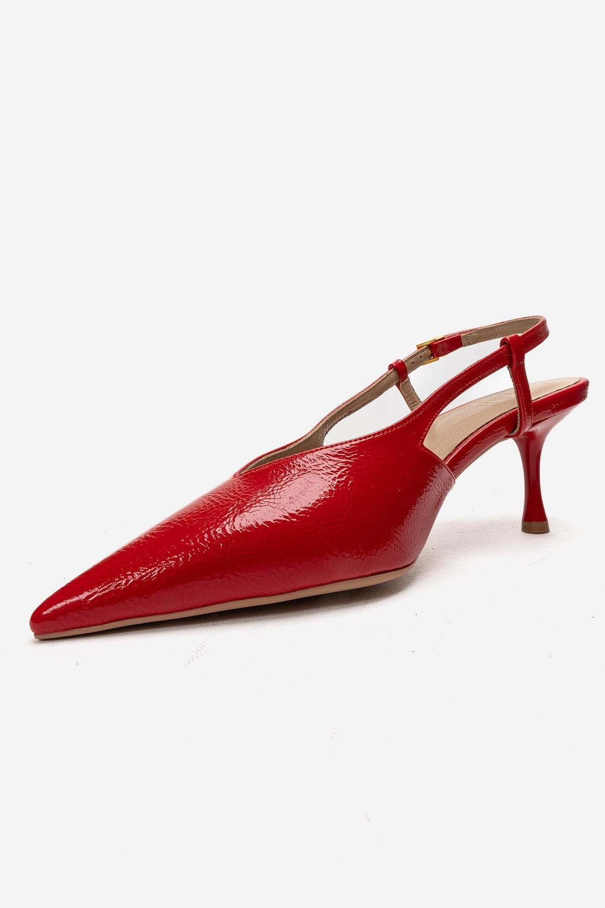 Irena - Red Genuine Leather Pointed Slingback Stiletto Pump – top view showing leather, red, Vowalisse