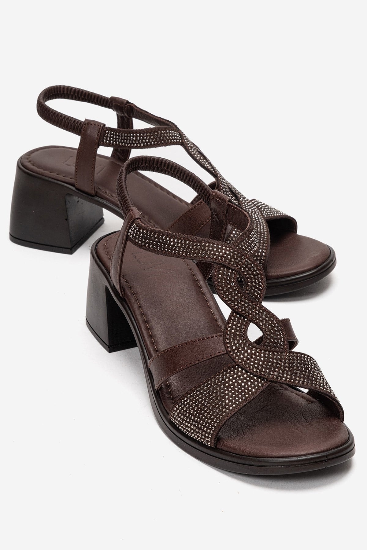 Dolen - Brown Genuine Leather Jeweled Block Heel Sandal – front three-quarter view showing leather, Vowalisse