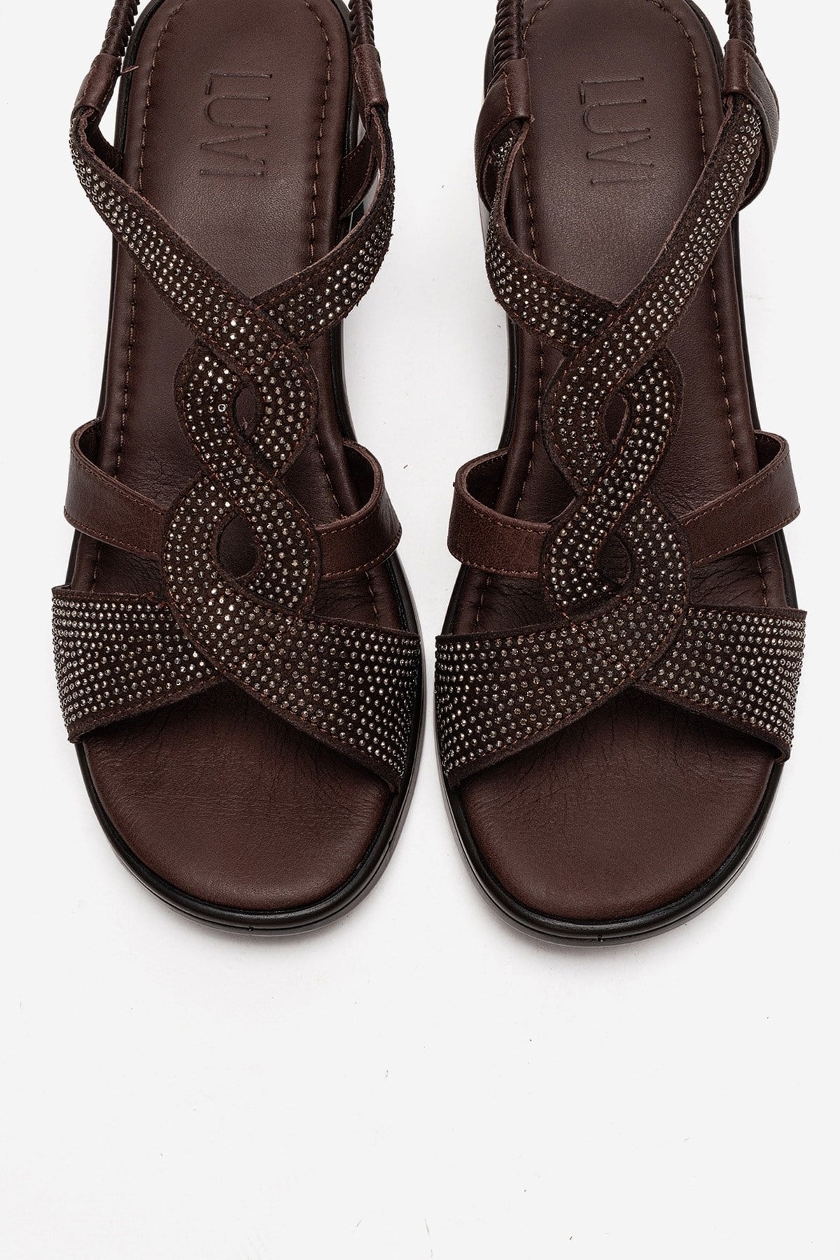 Dolen - Brown Genuine Leather Jeweled Block Heel Sandal – side view showing leather, Vowalisse