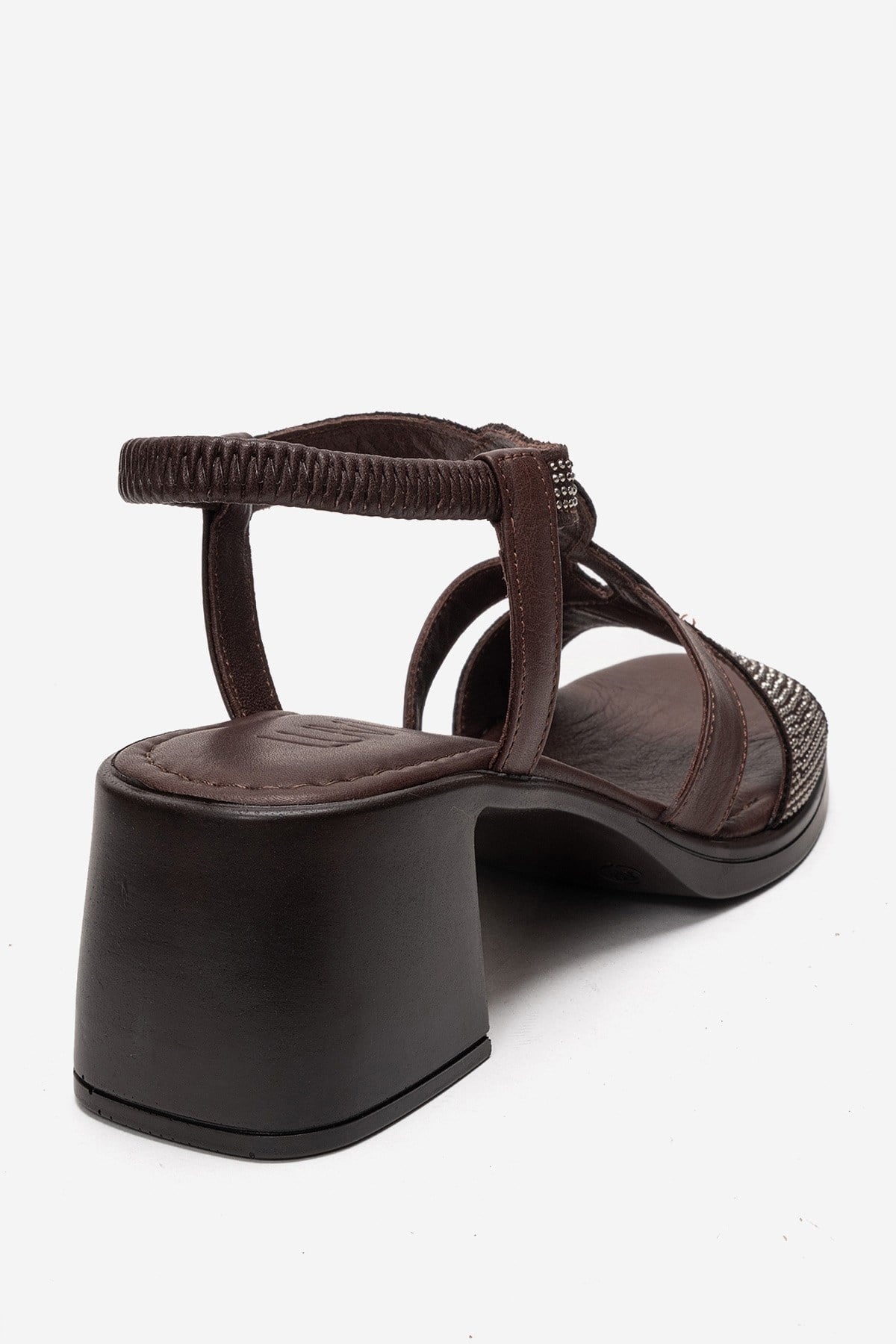 Dolen - Brown Genuine Leather Jeweled Block Heel Sandal – back view showing leather, Vowalisse