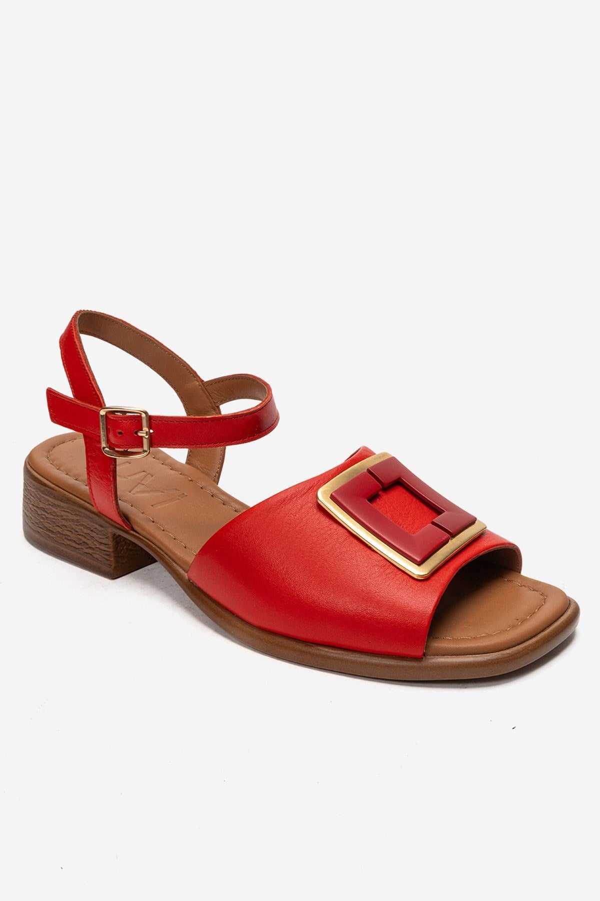 Svelte - Red Genuine Leather Buckled Sandal – detail view showing leather, red, Vowalisse