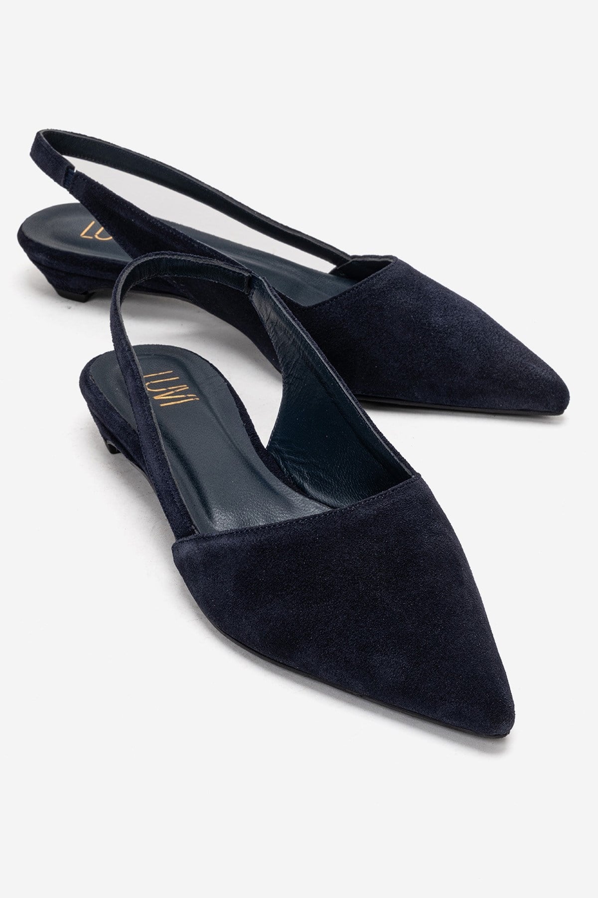 BERLINA - Navy Genuine Leather Low Block Heel Shoe – front three-quarter view showing leather, suede, Vowalisse