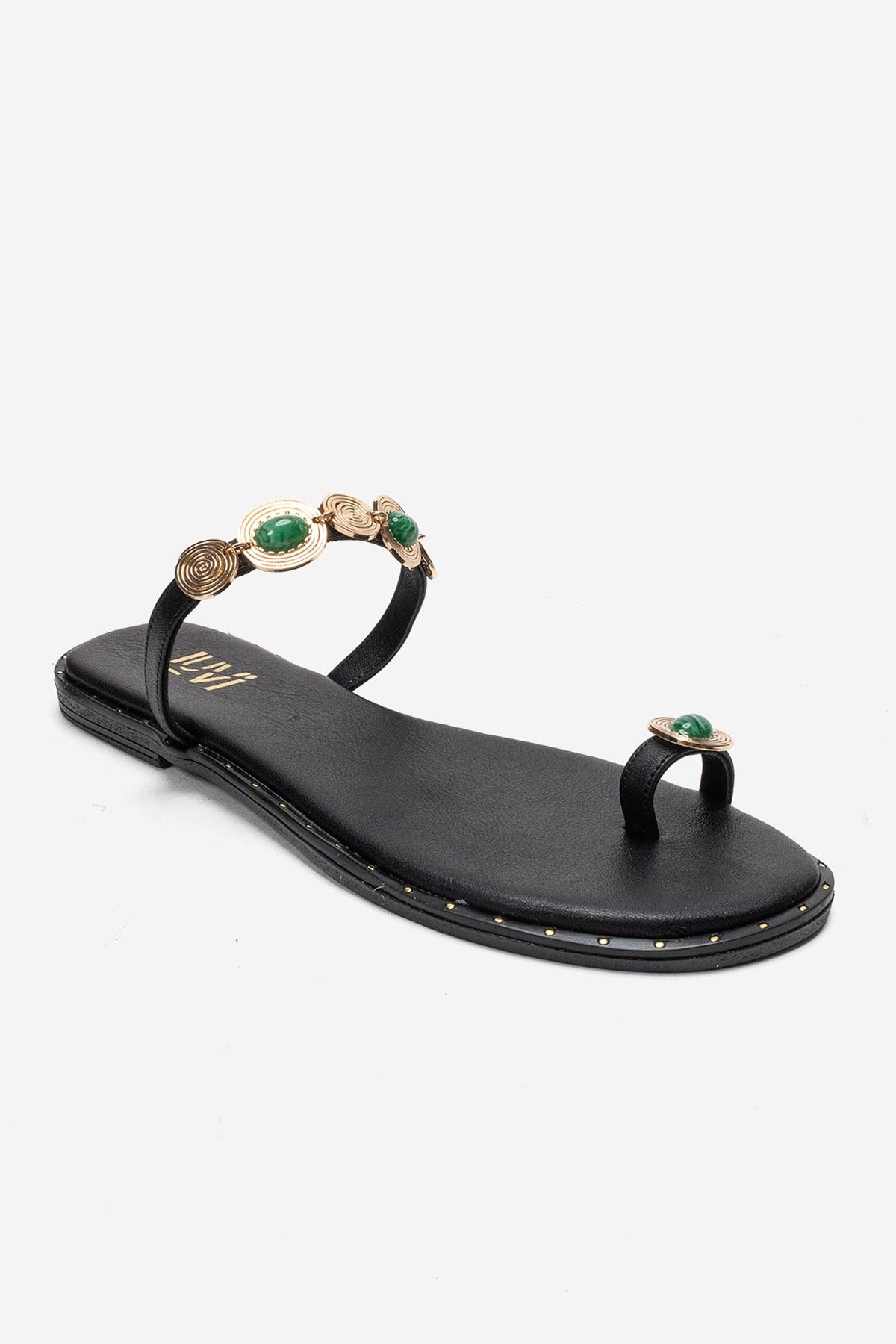 MARTINEZ - Black Genuine Leather Thong Sandal – detail view showing leather, black, Vowalisse
