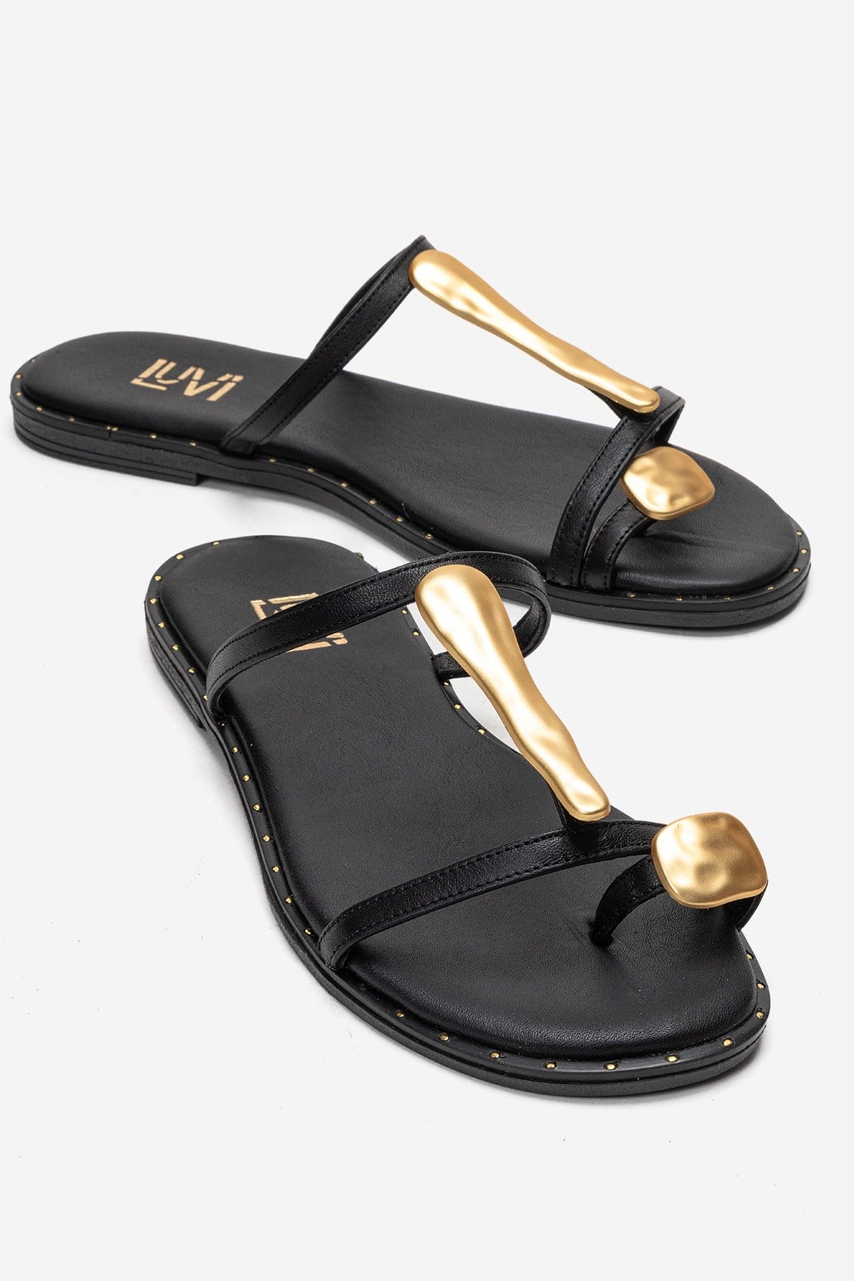 TESSA - Black Genuine Leather Thong Sandal – front three-quarter view showing leather, black, gold, Vowalisse