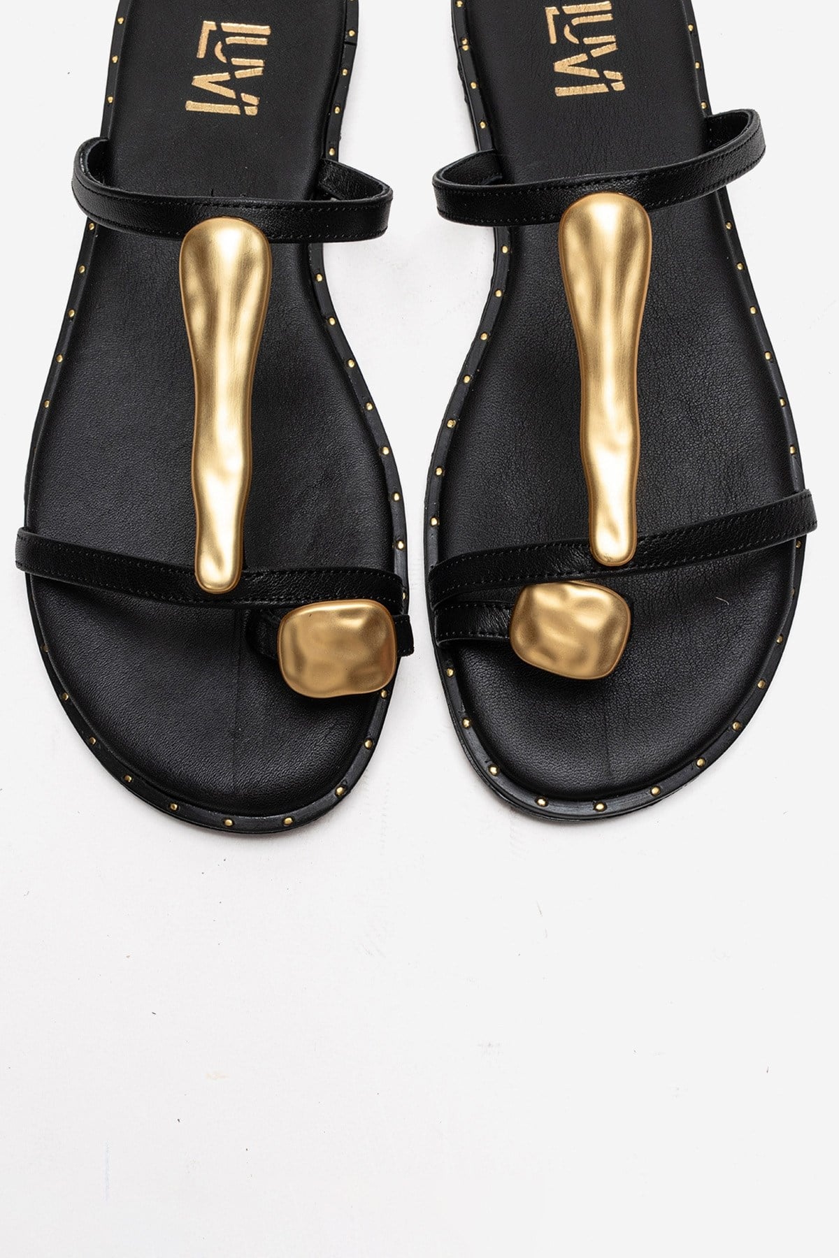 TESSA - Black Genuine Leather Thong Sandal – side view showing leather, black, gold, Vowalisse