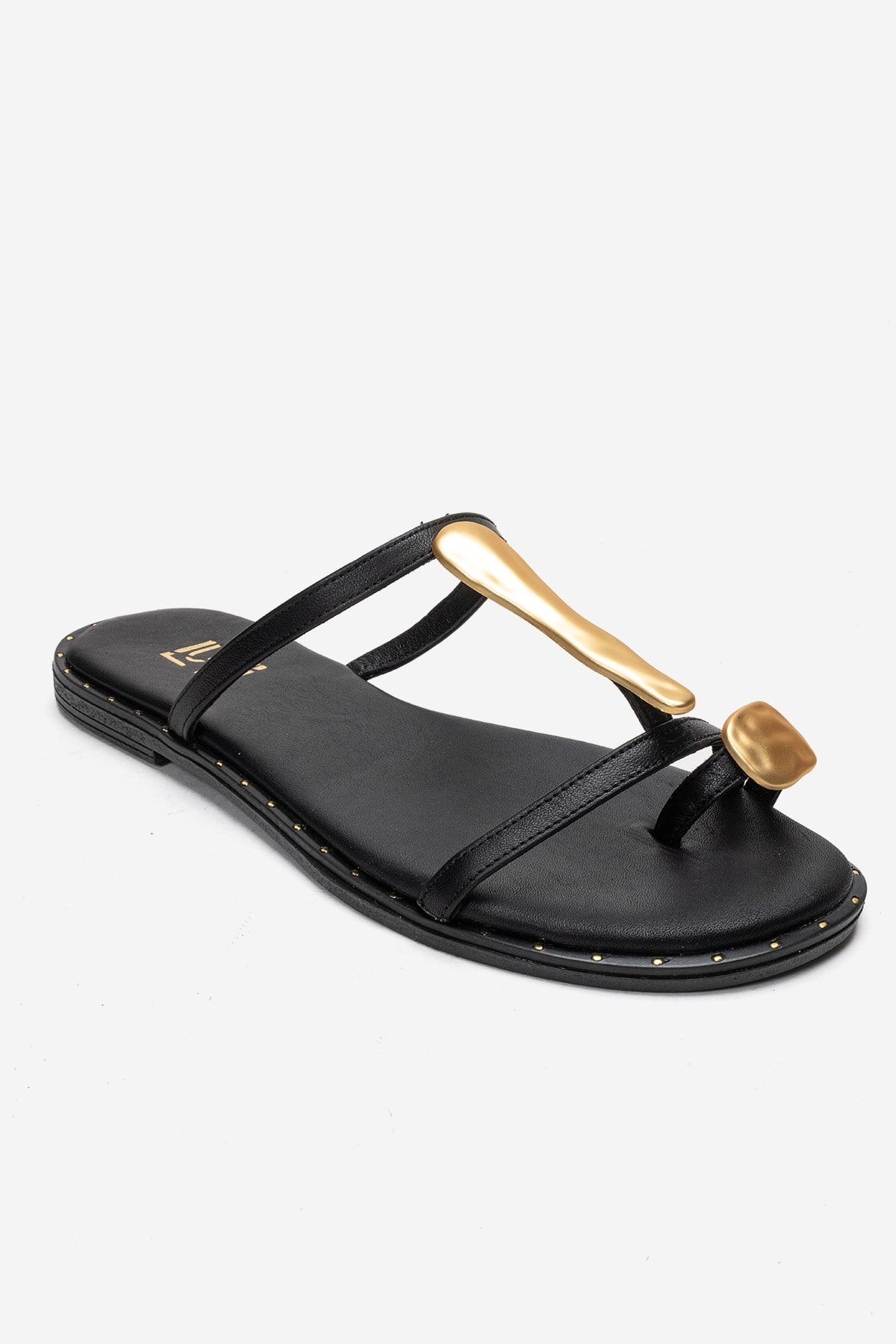 TESSA - Black Genuine Leather Thong Sandal – detail view showing leather, black, gold, Vowalisse