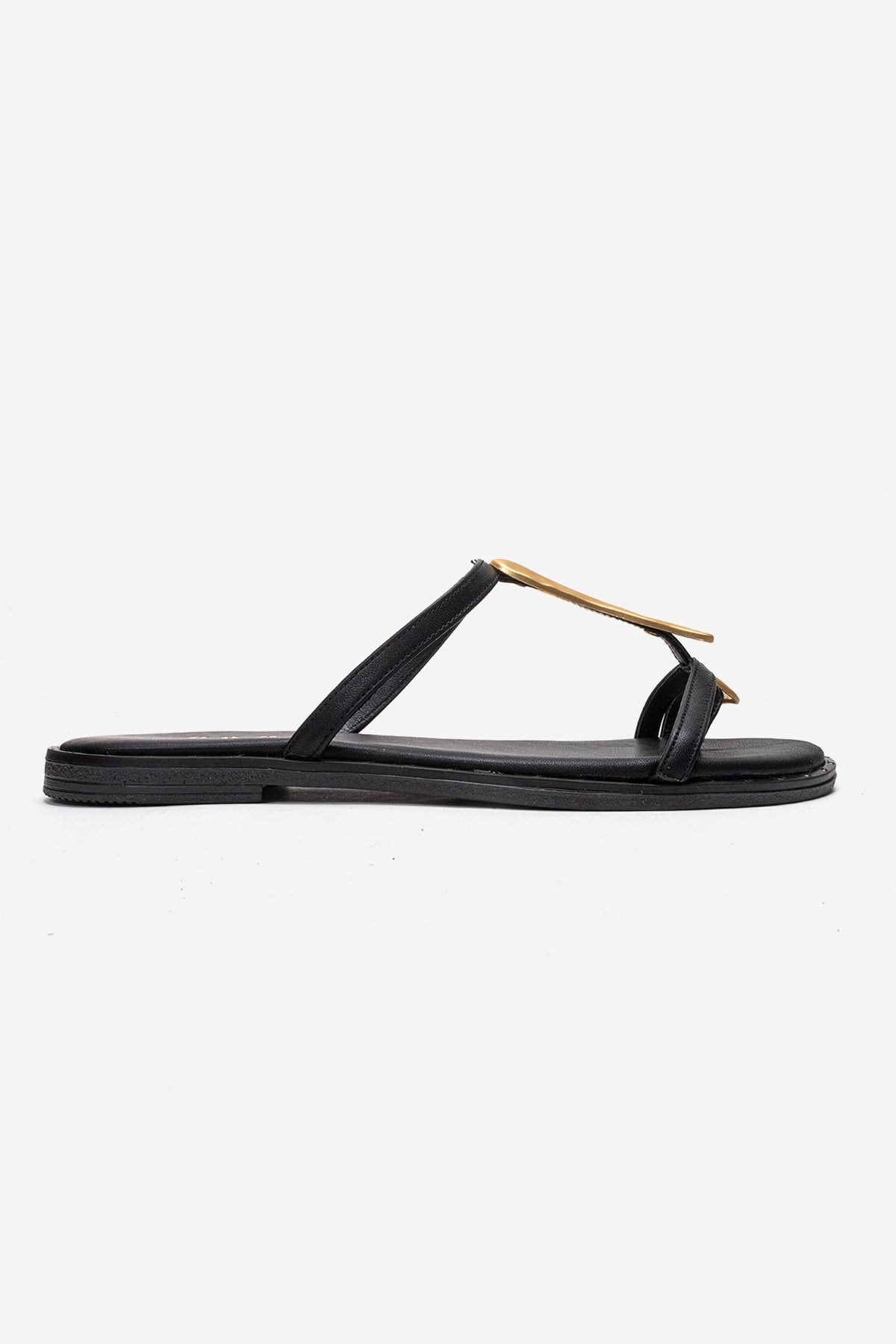 TESSA - Black Genuine Leather Thong Sandal – heel view showing leather, black, gold, Vowalisse