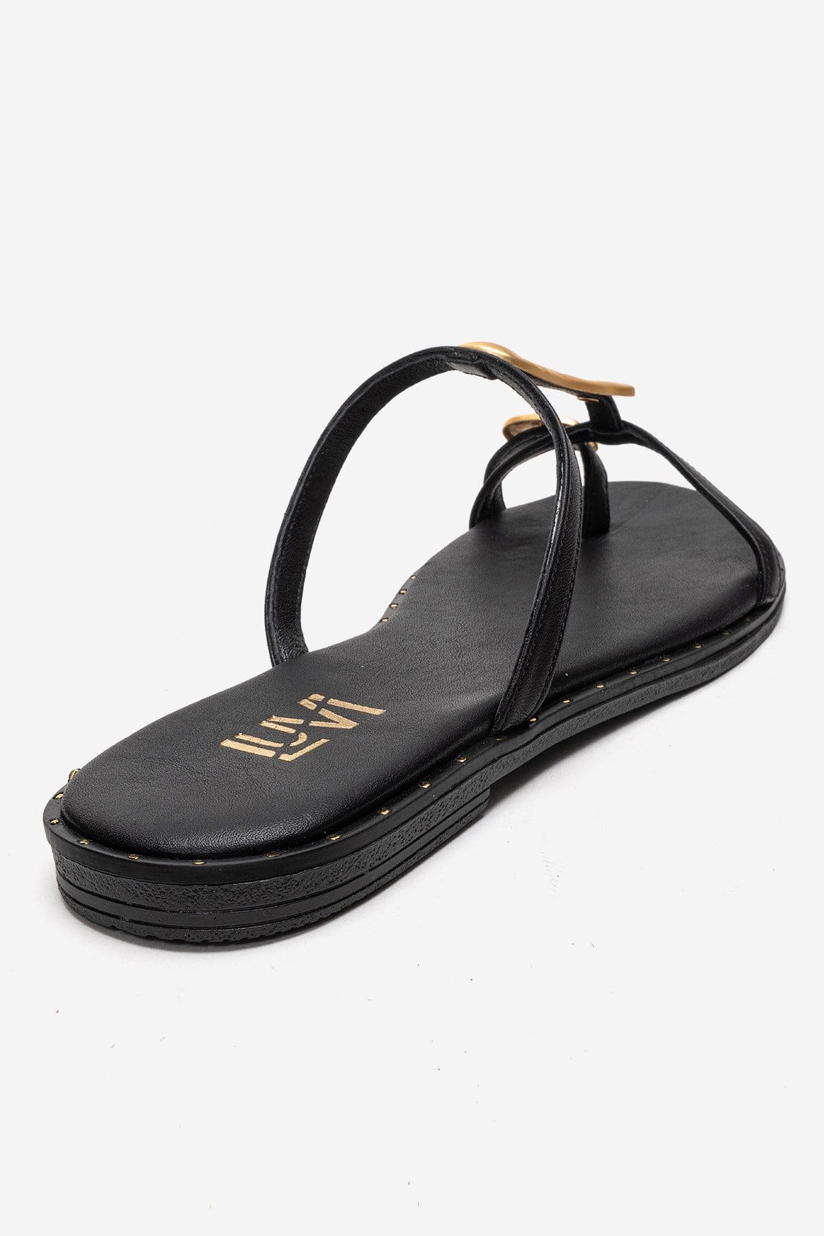 TESSA - Black Genuine Leather Thong Sandal – back view showing leather, black, gold, Vowalisse
