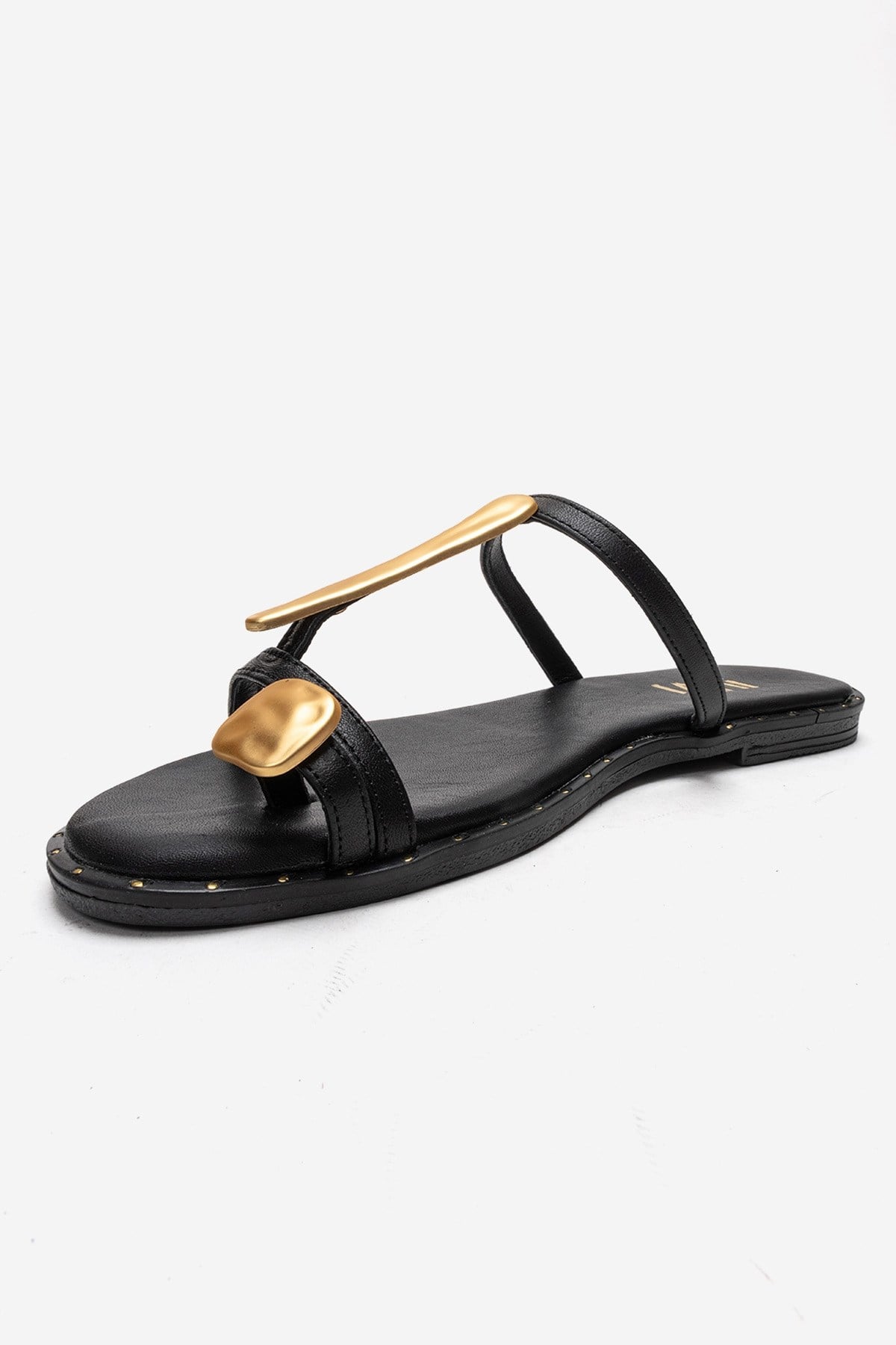 TESSA - Black Genuine Leather Thong Sandal – top view showing leather, black, gold, Vowalisse
