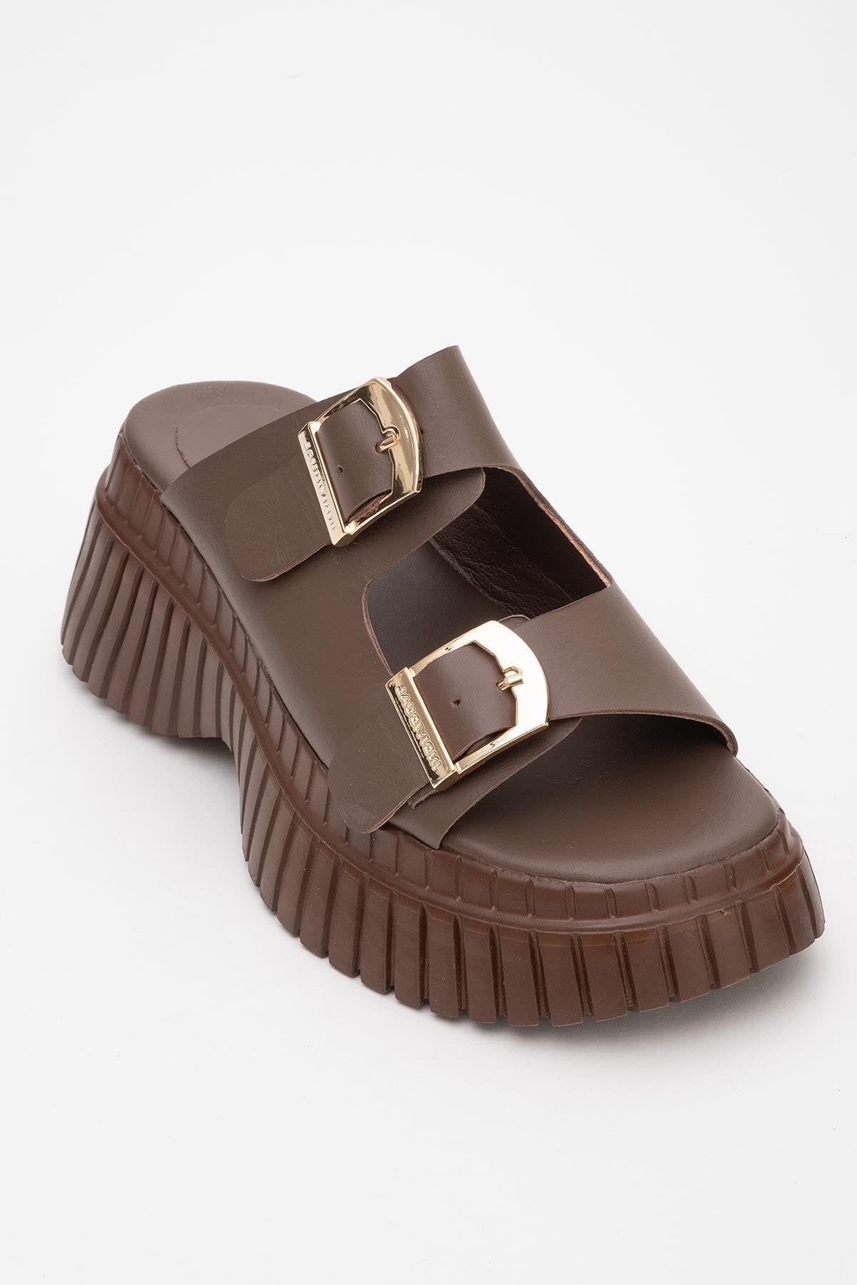 Joanes - Brown Leather Two-Strap Platform Sandal – detail view showing leather, Vowalisse