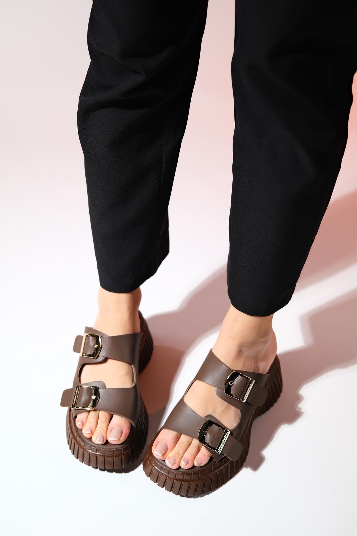 Joanes - Brown Leather Two-Strap Platform Sandal – pair view showing leather, Vowalisse