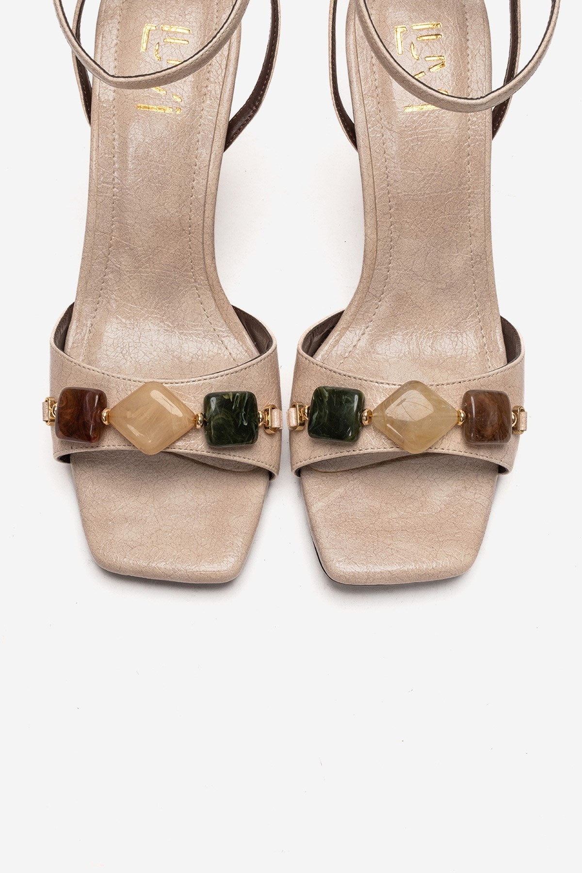Franca - Beige Natural Stone Buckle Block Heel Shoe – side view showing leather, Vowalisse