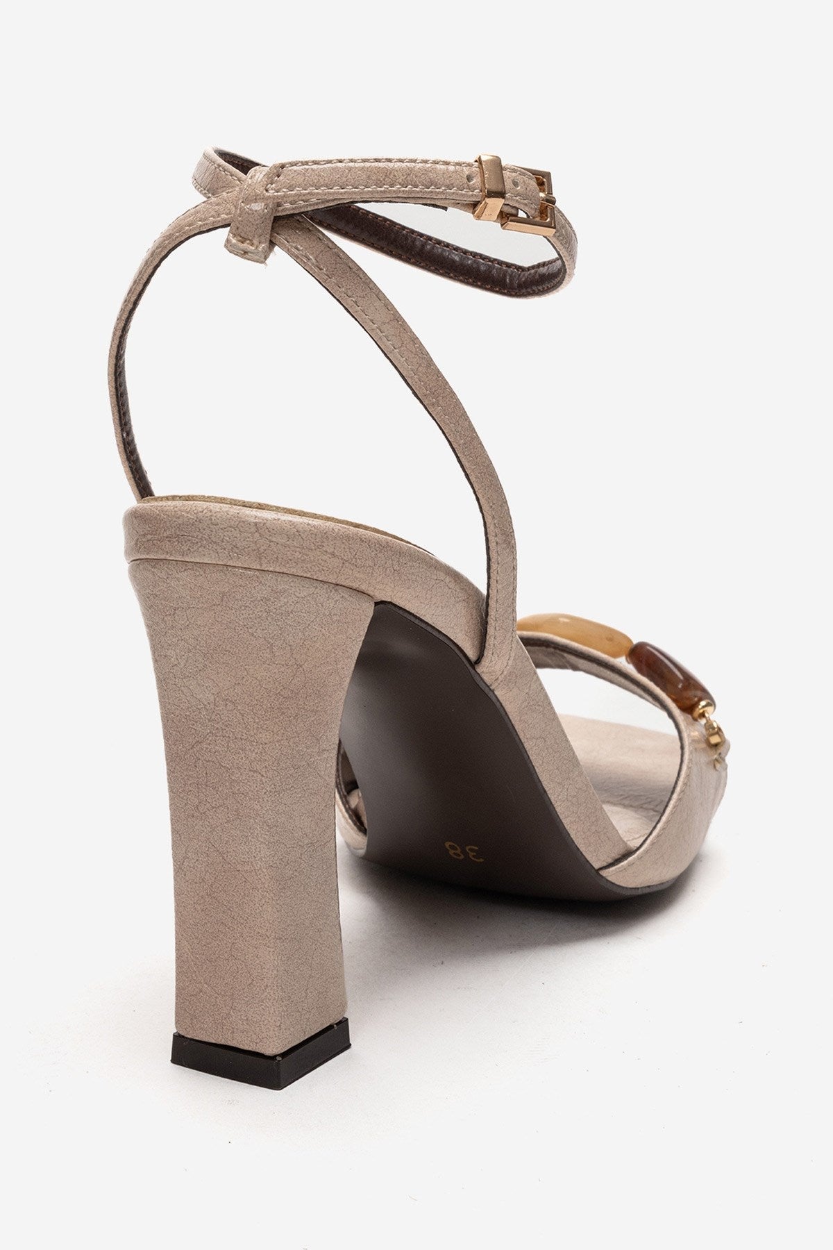 Franca - Beige Natural Stone Buckle Block Heel Shoe – back view showing leather, Vowalisse