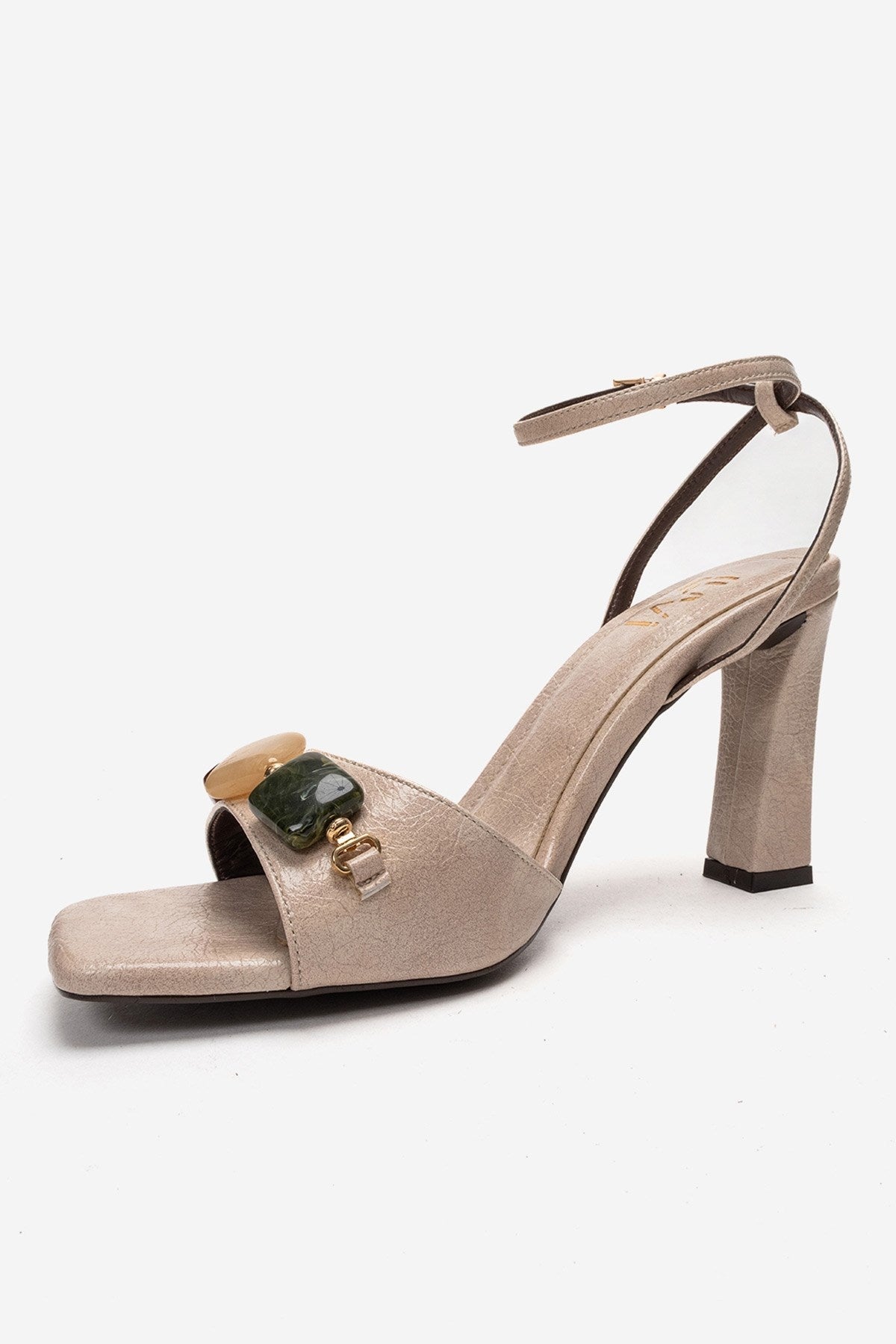 Franca - Beige Natural Stone Buckle Block Heel Shoe – top view showing leather, Vowalisse