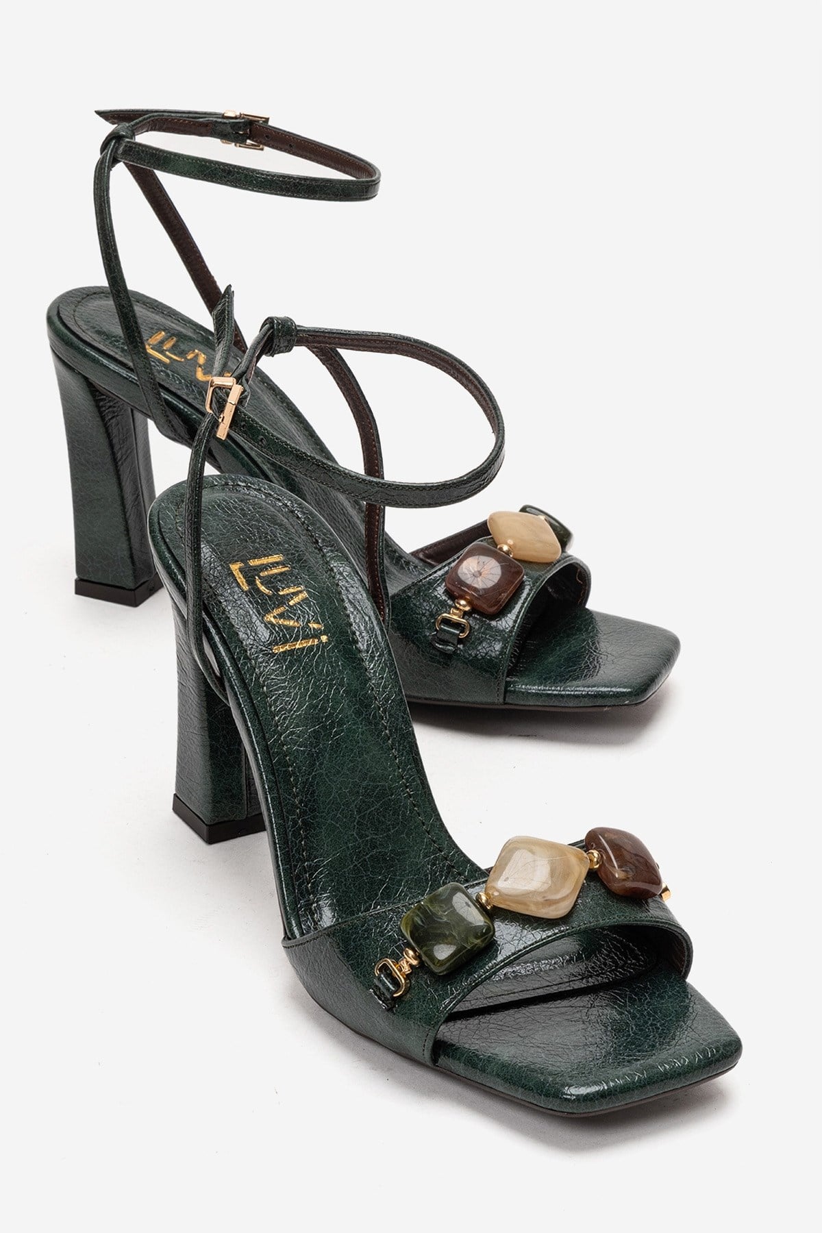 Franca - Green Genuine Leather Block Heel Sandal – front three-quarter view showing leather, green, Vowalisse