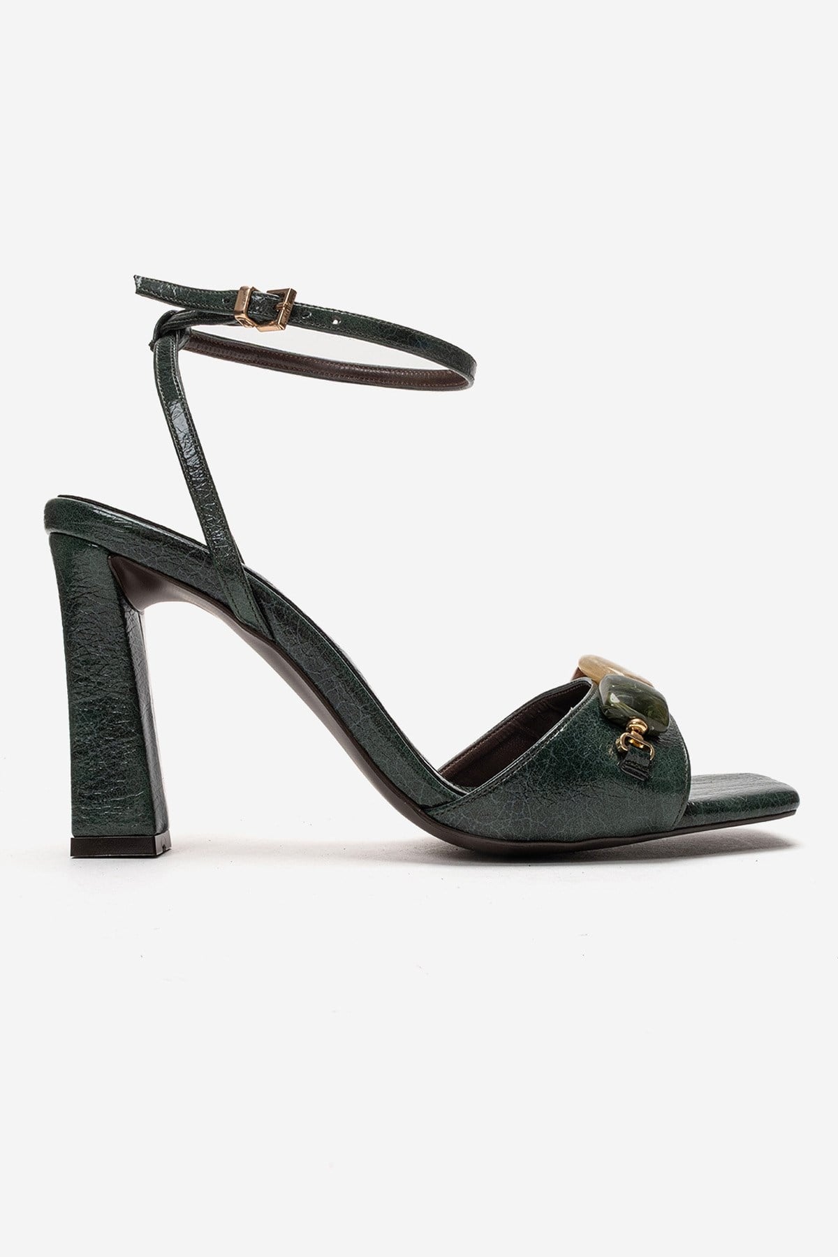 Franca - Green Genuine Leather Block Heel Sandal – heel view showing leather, green, Vowalisse