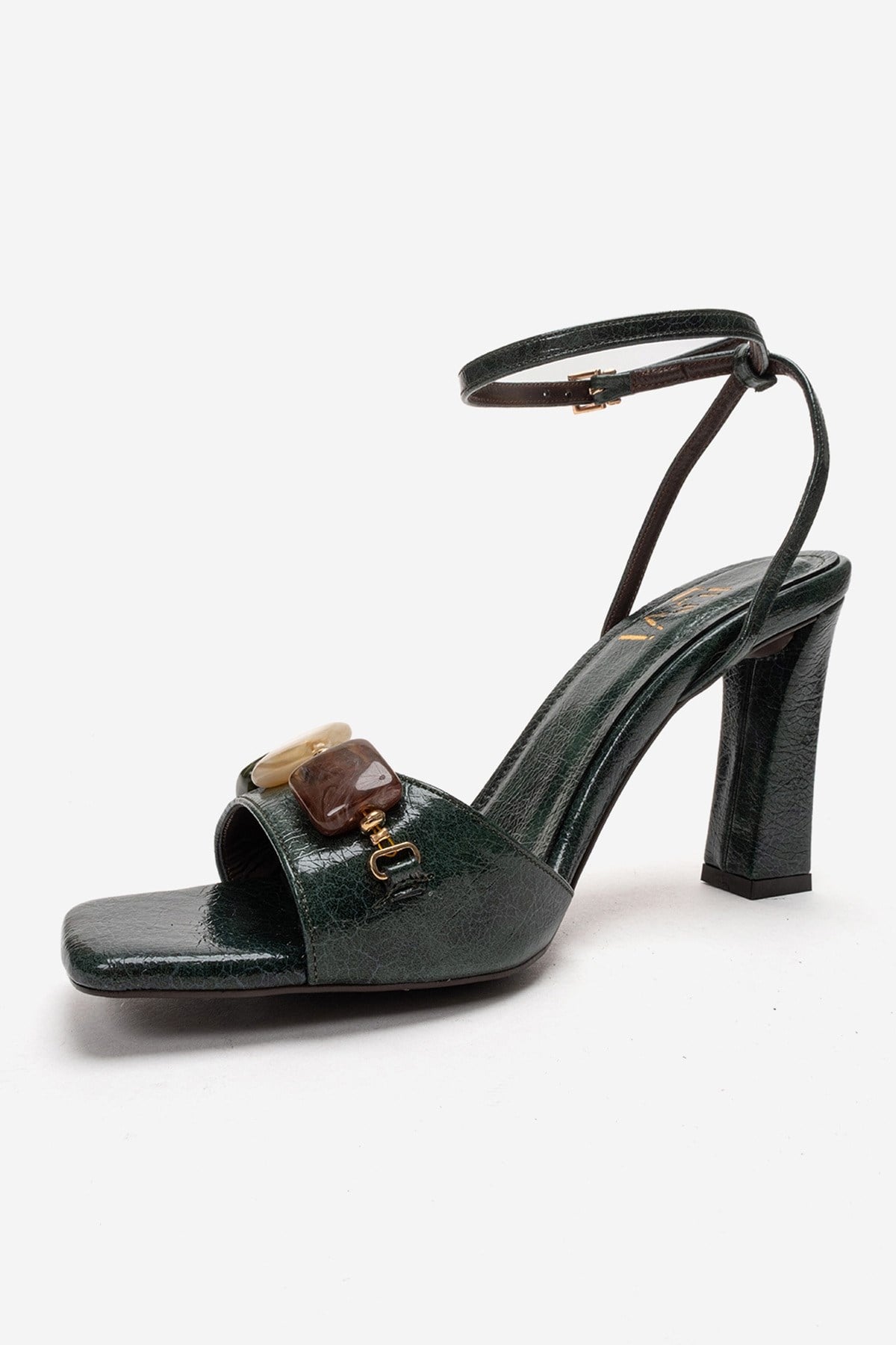 Franca - Green Genuine Leather Block Heel Sandal – top view showing leather, green, Vowalisse