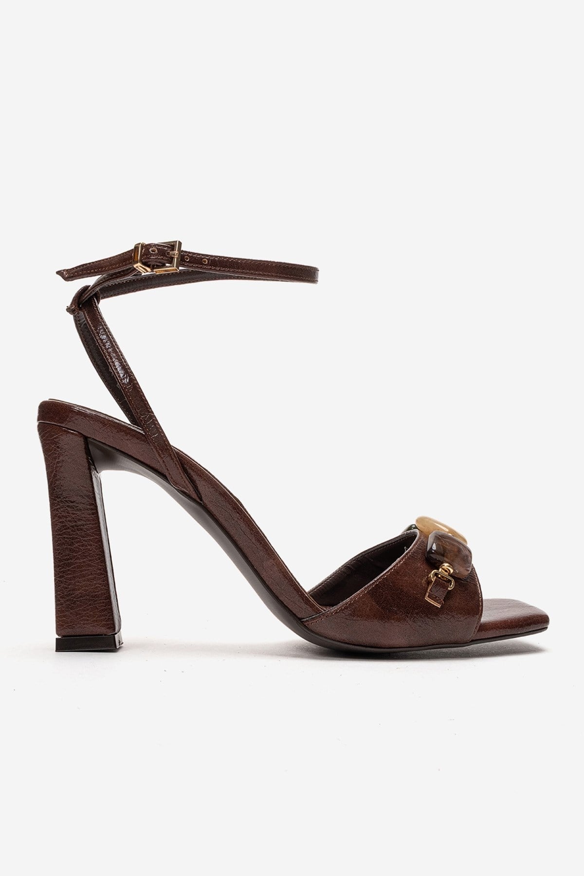 Franca - Brown Genuine Leather Block Heel Sandal – heel view showing leather, red, Vowalisse