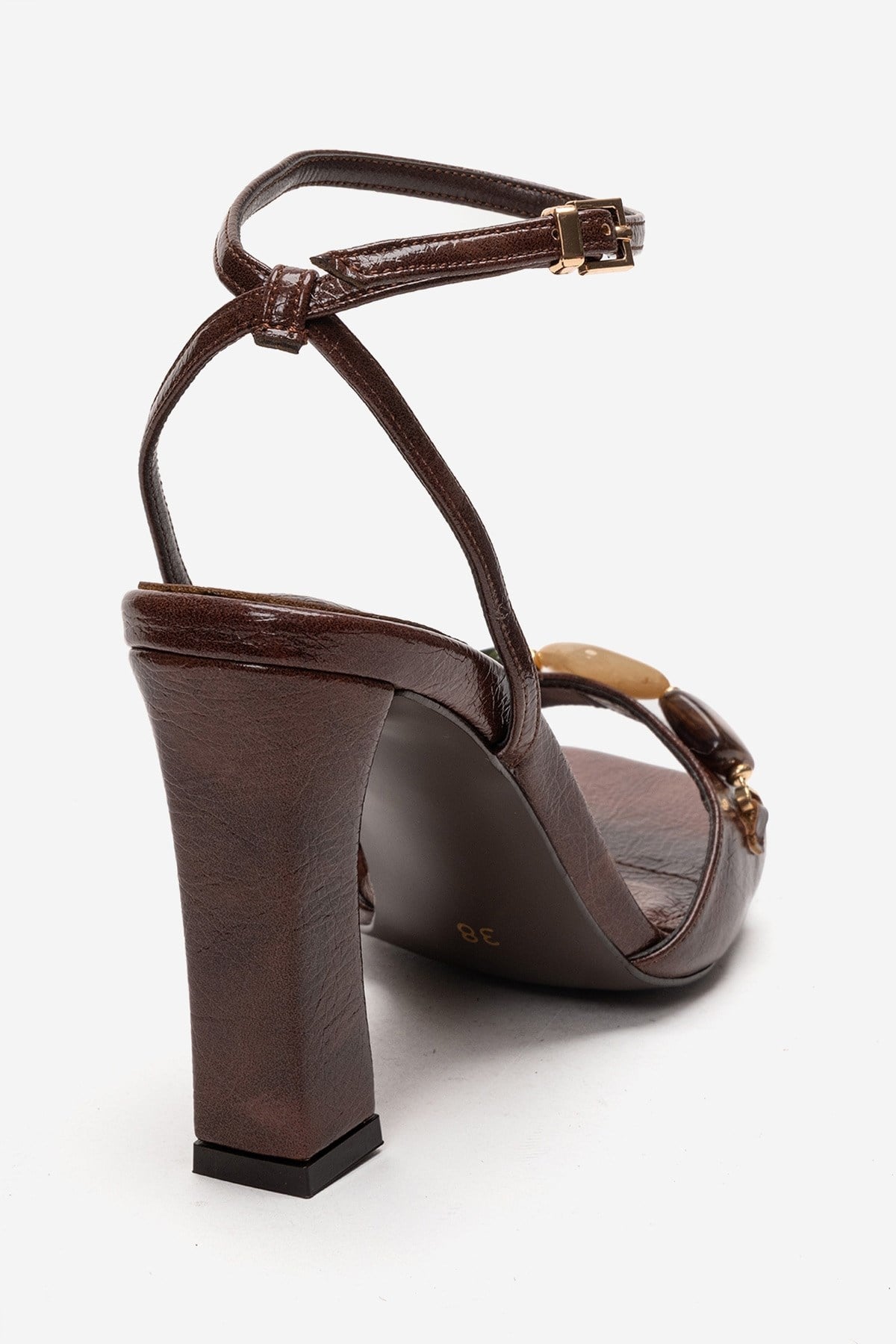 Franca - Brown Genuine Leather Block Heel Sandal – back view showing leather, red, Vowalisse