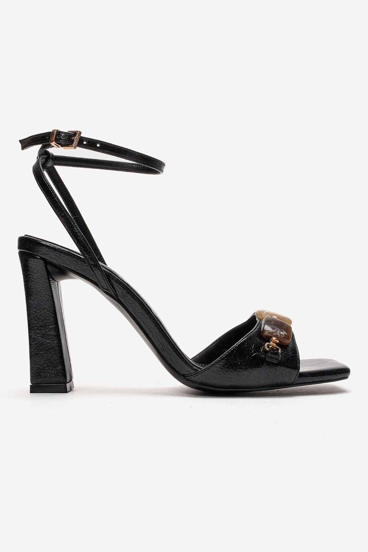 Franca - Black Genuine Leather Block Heel Sandal – heel view showing leather, black, Vowalisse