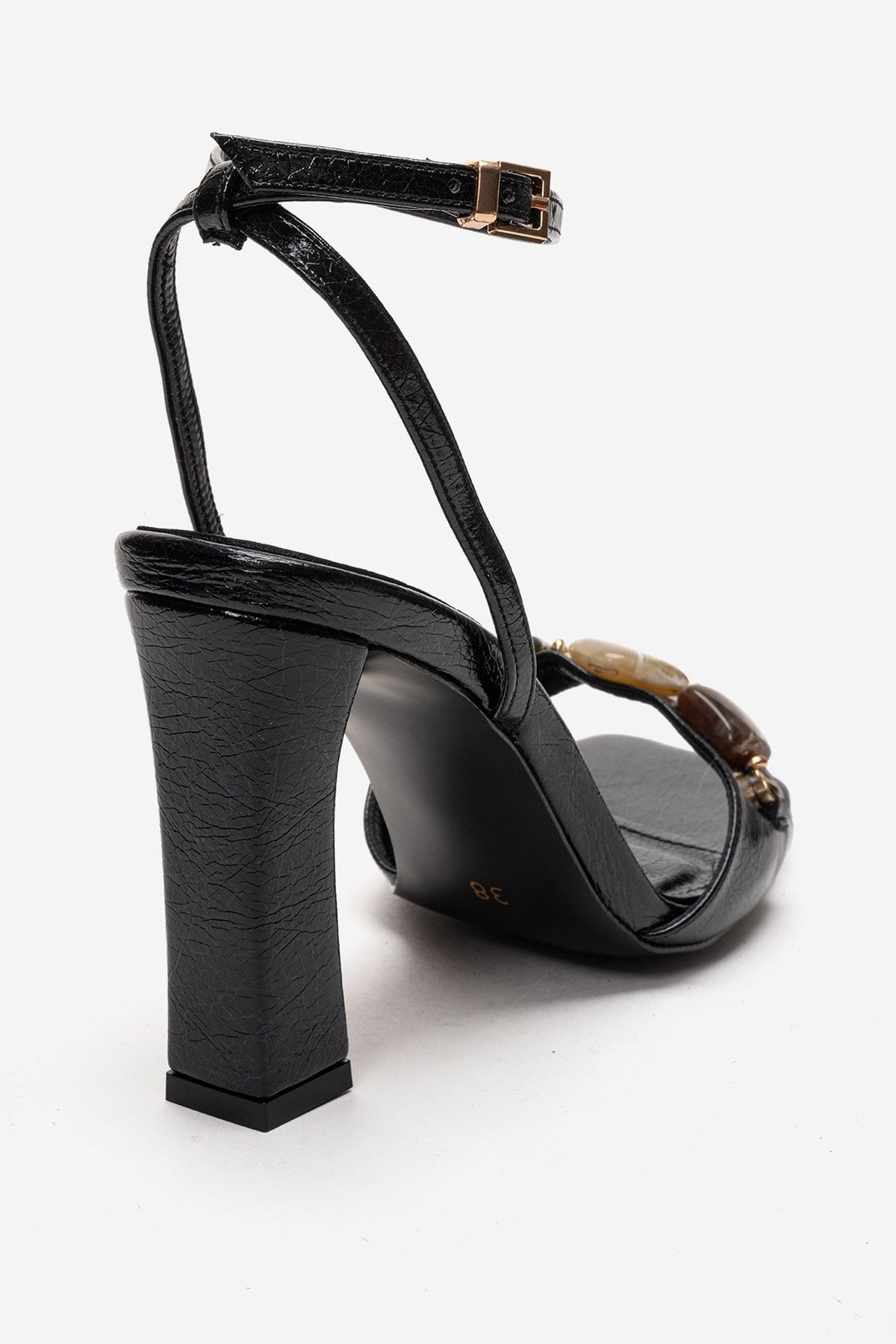 Franca - Black Genuine Leather Block Heel Sandal – back view showing leather, black, Vowalisse