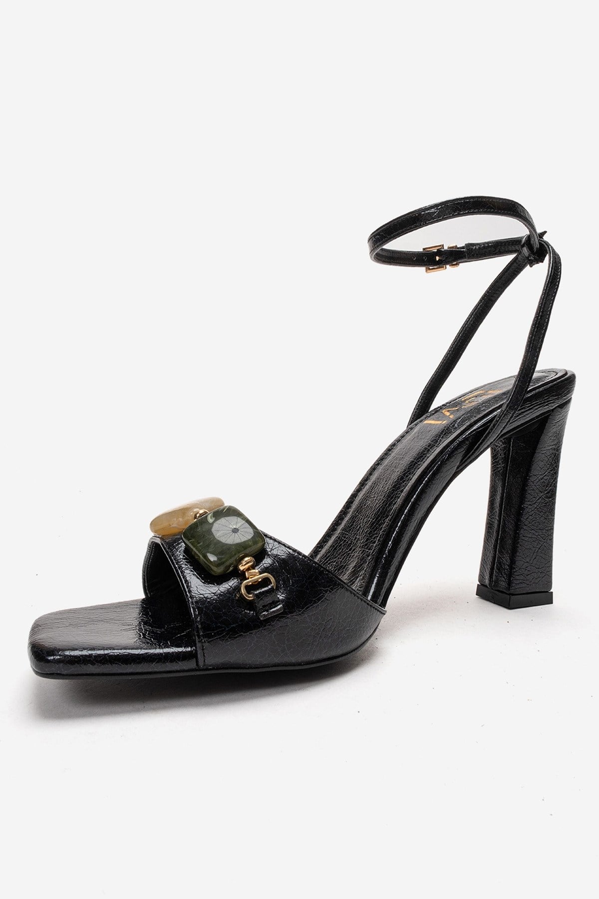 Franca - Black Genuine Leather Block Heel Sandal – top view showing leather, black, Vowalisse