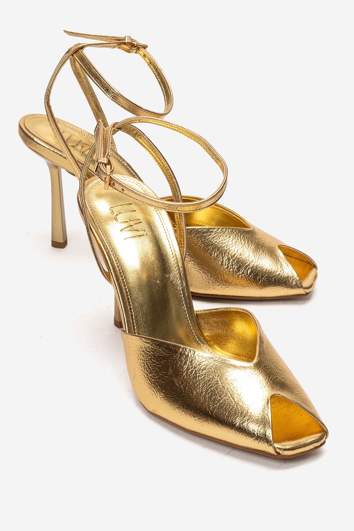 SLATE - Gold Genuine Leather Ankle-Strap Stiletto Pump – front three-quarter view showing leather, metallic, gold…