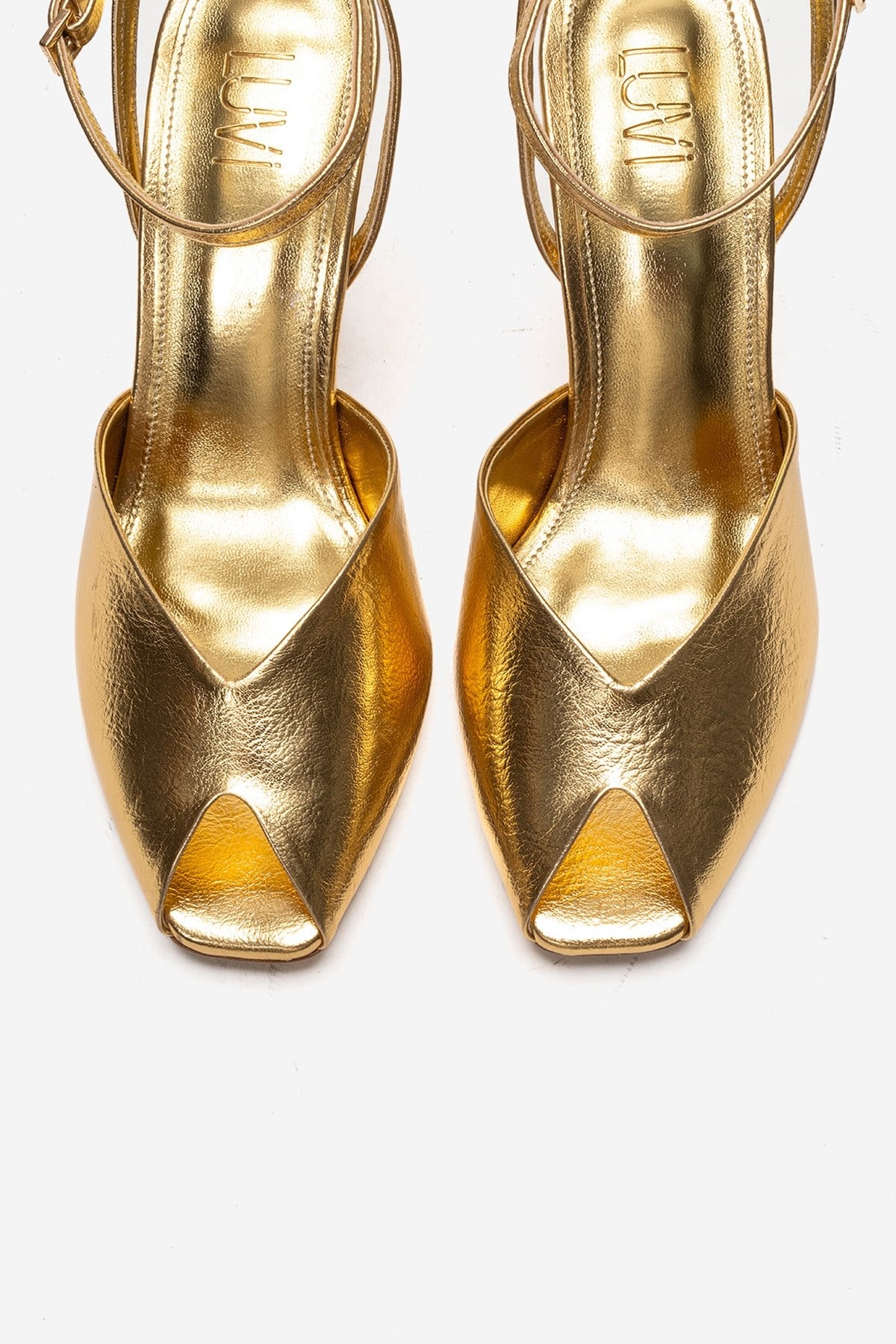 SLATE - Gold Genuine Leather Ankle-Strap Stiletto Pump – side view showing leather, metallic, gold, Vowalisse