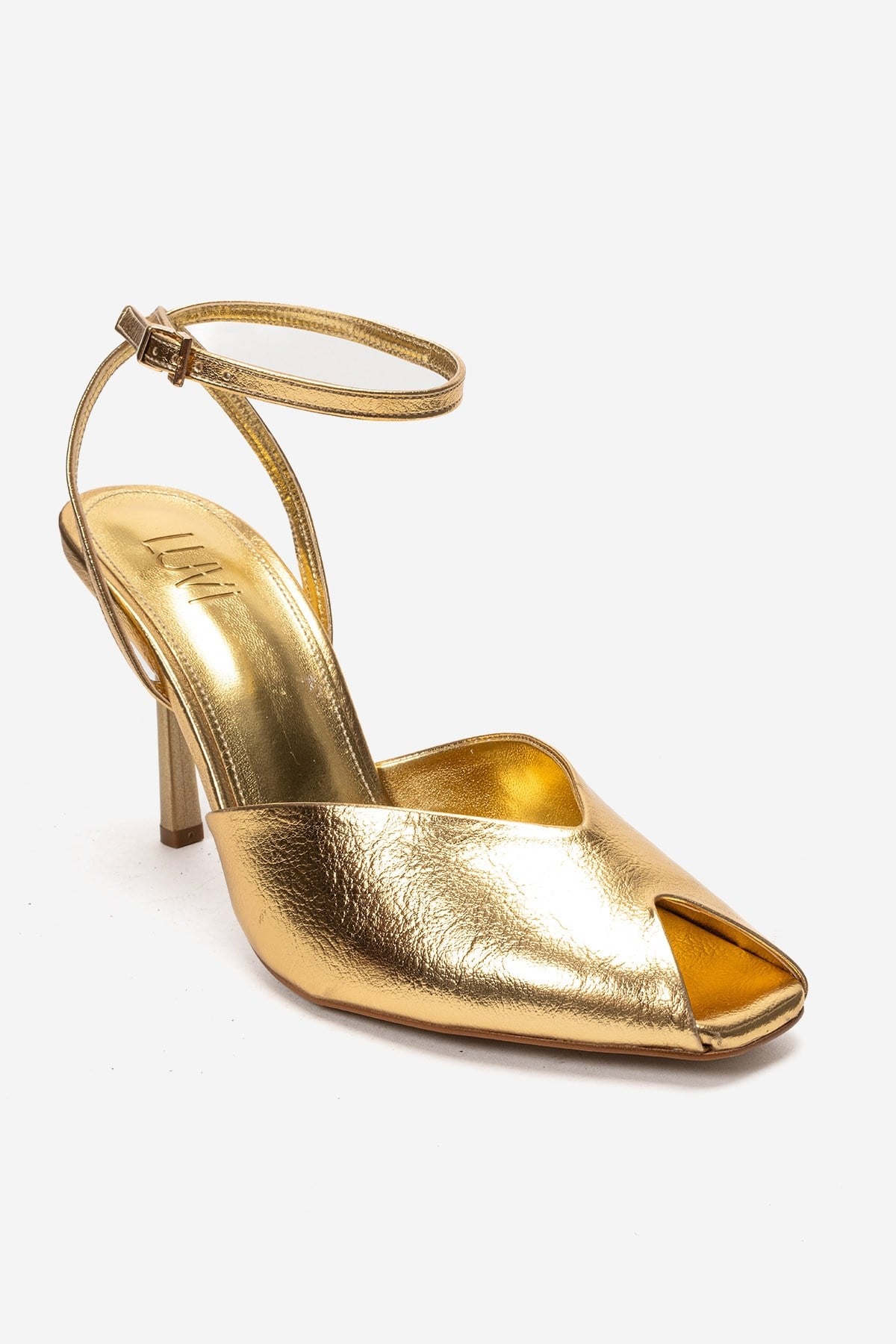 SLATE - Gold Genuine Leather Ankle-Strap Stiletto Pump – detail view showing leather, metallic, gold, Vowalisse