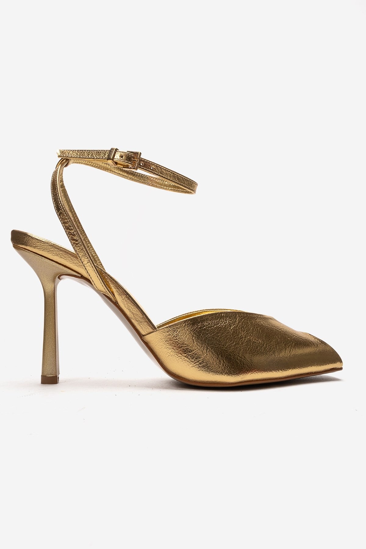 SLATE - Gold Genuine Leather Ankle-Strap Stiletto Pump – heel view showing leather, metallic, gold, Vowalisse