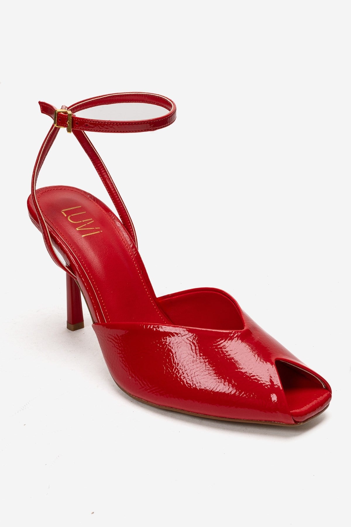 SLATE - Red Genuine Leather Ankle-Strap Stiletto Pump – detail view showing leather, red, Vowalisse