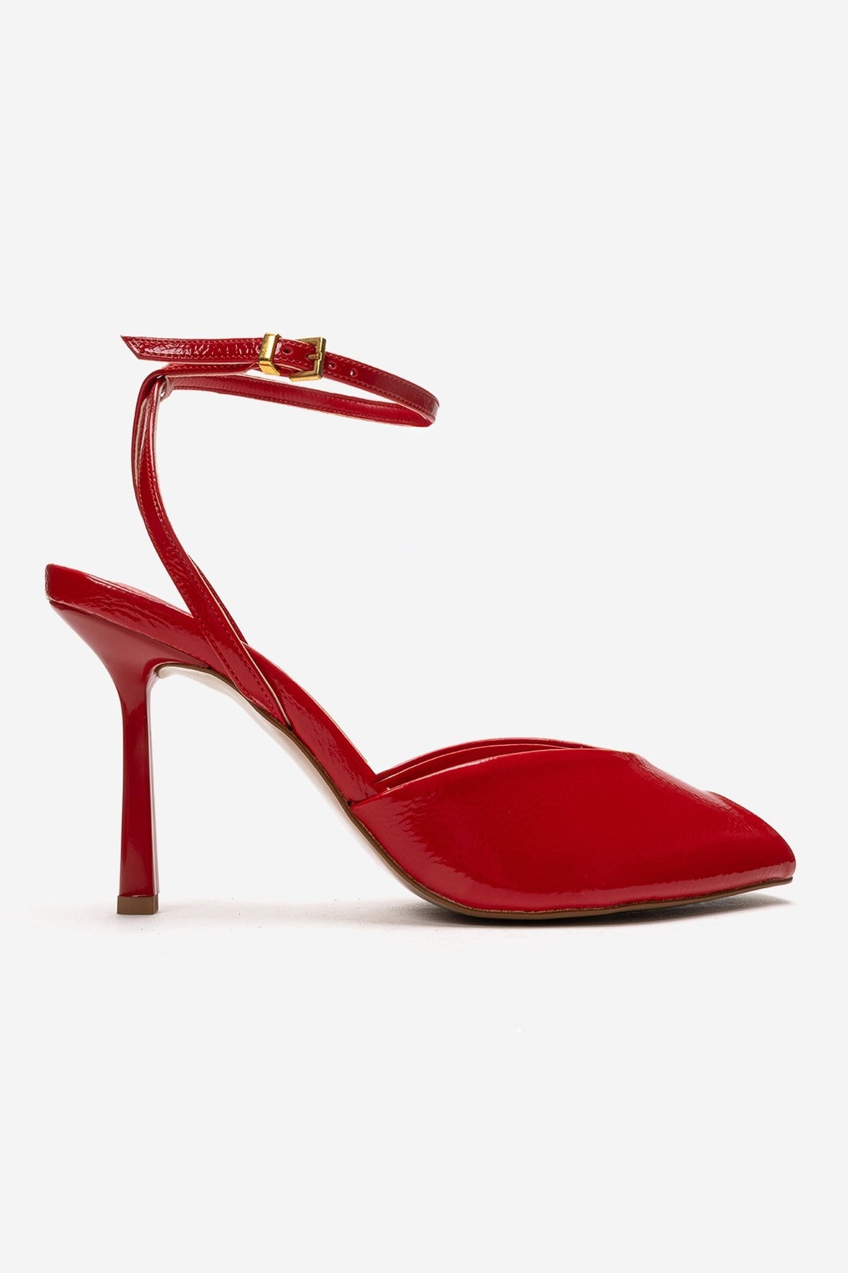 SLATE - Red Genuine Leather Ankle-Strap Stiletto Pump – heel view showing leather, red, Vowalisse