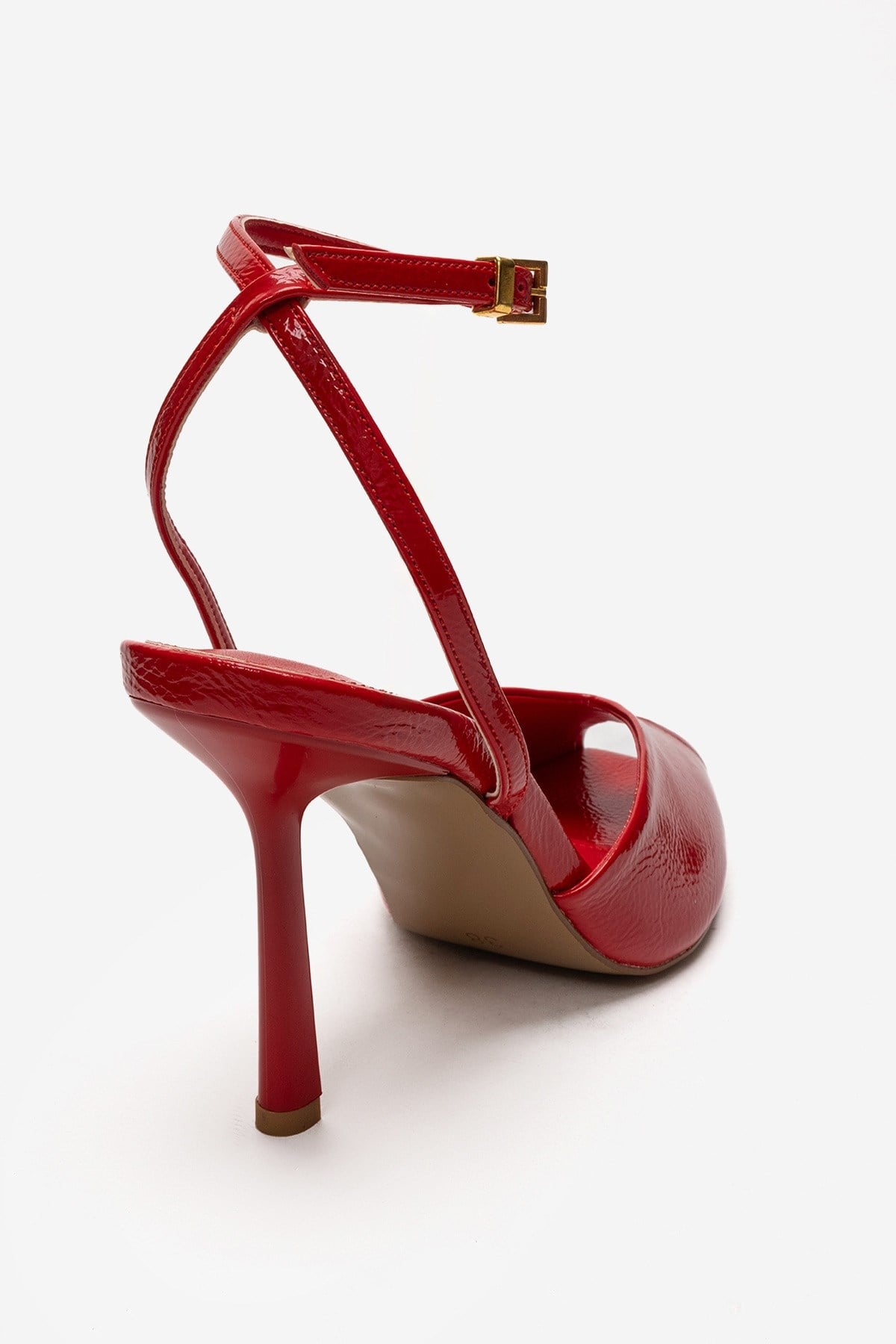 SLATE - Red Genuine Leather Ankle-Strap Stiletto Pump – back view showing leather, red, Vowalisse