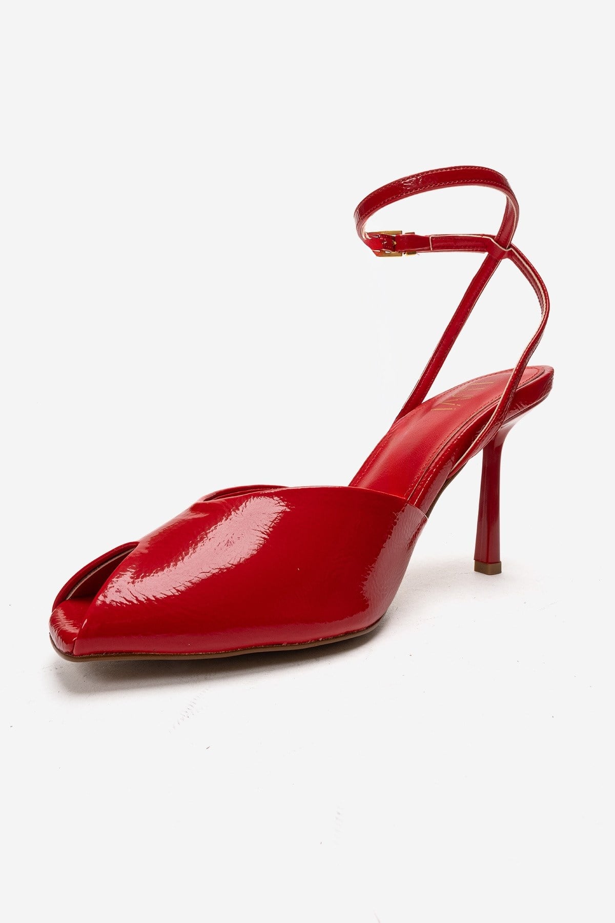 SLATE - Red Genuine Leather Ankle-Strap Stiletto Pump – top view showing leather, red, Vowalisse