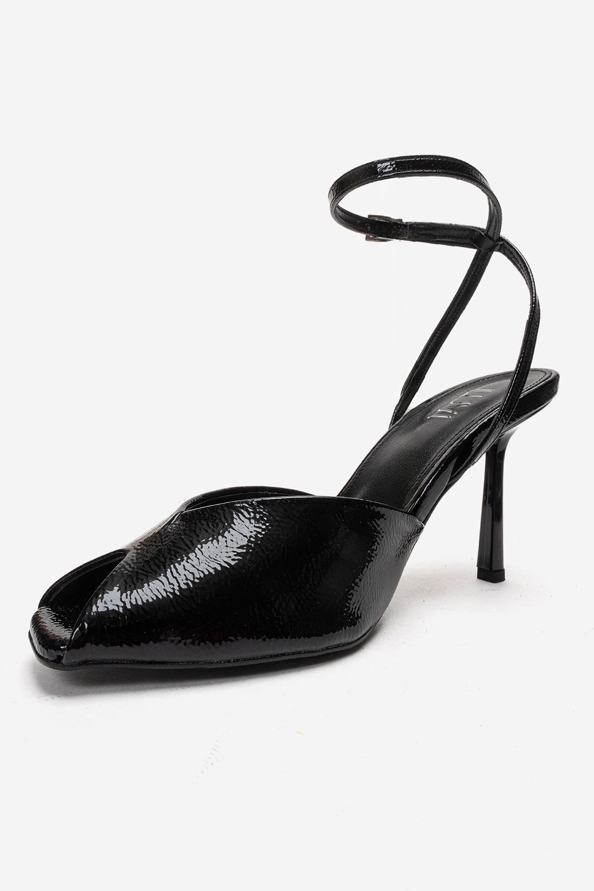 SLATE - Black Genuine Leather Ankle-Strap Stiletto Pump – top view showing leather, black, Vowalisse